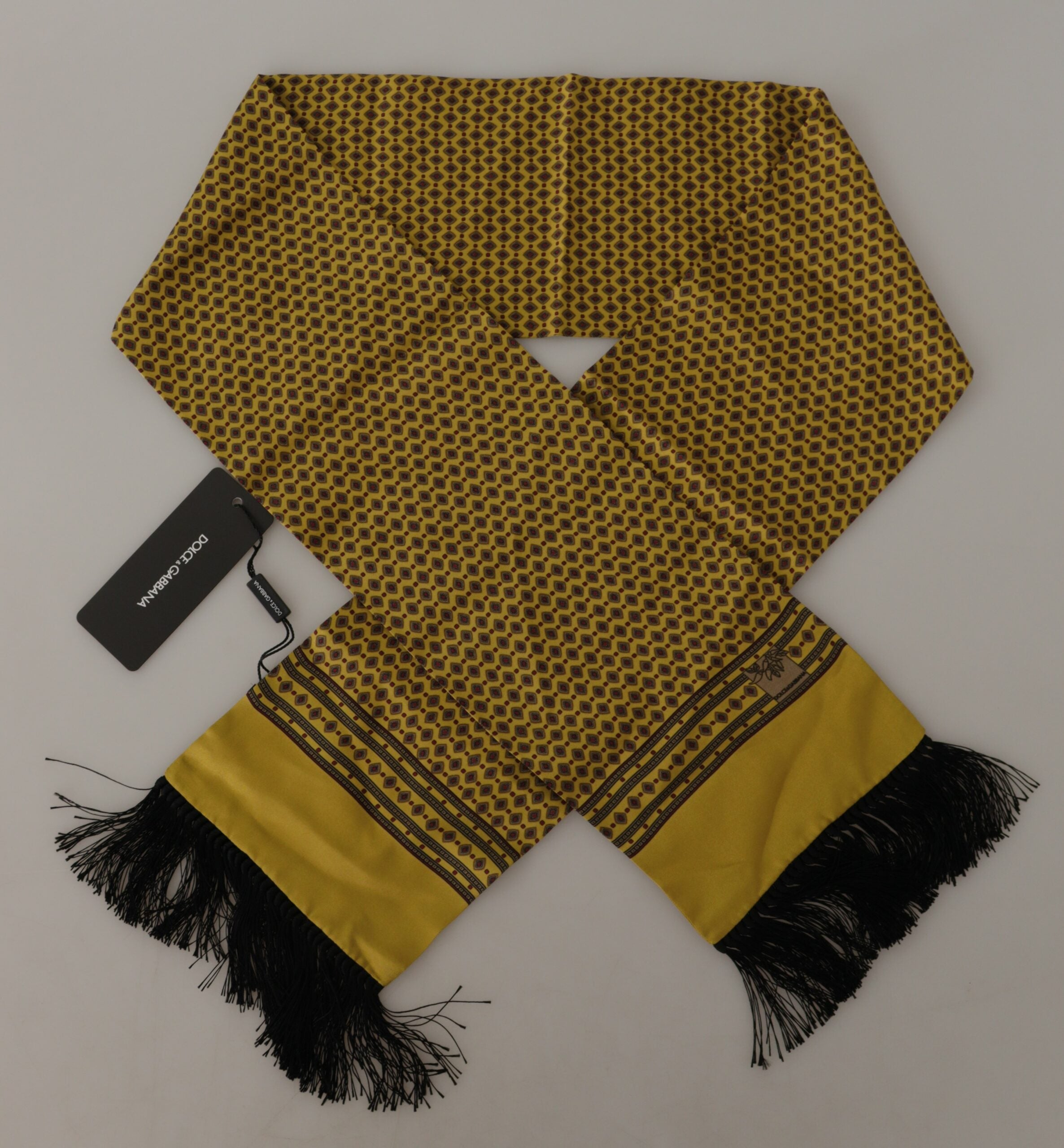 Dolce & Gabbana Yellow Patterned Silk Neck Wrap Fringe Men's Scarf