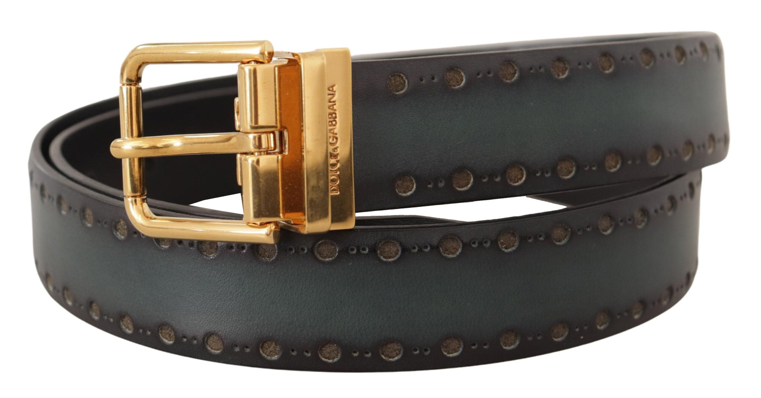 Dolce & Gabbana Green Perforated Leather Brass Metal Men's Belt