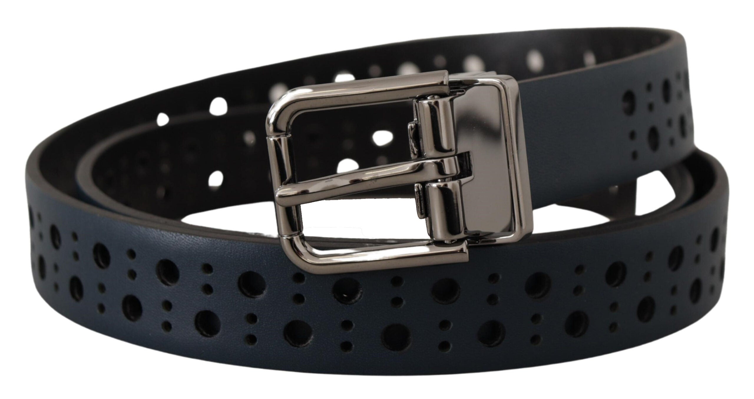 Dolce & Gabbana Navy Blue Perforated Leather Skinny Metal Buckle Men's Belt