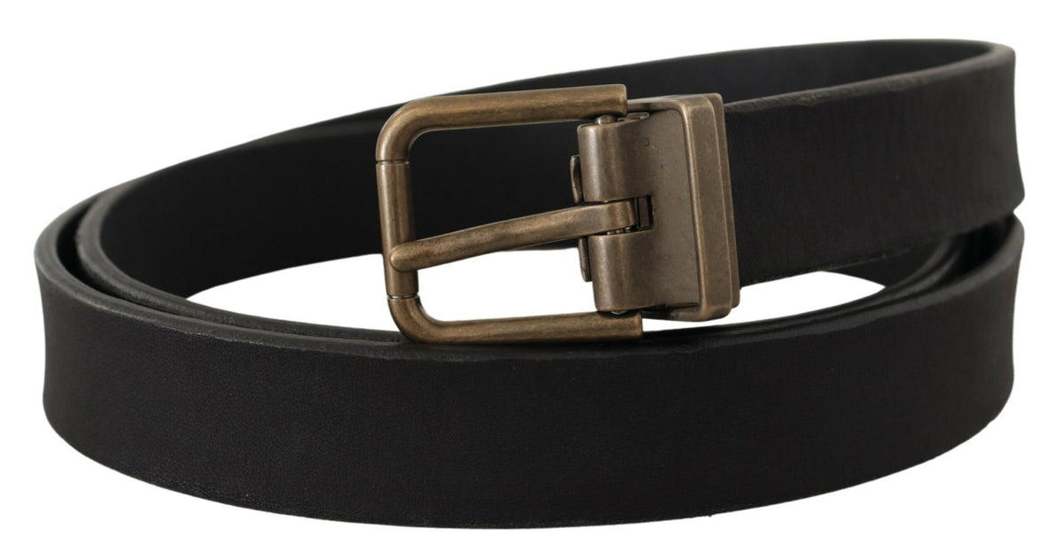 Dolce & Gabbana Black Leather Brass Metal Grain Buckle Classic Men's Belt