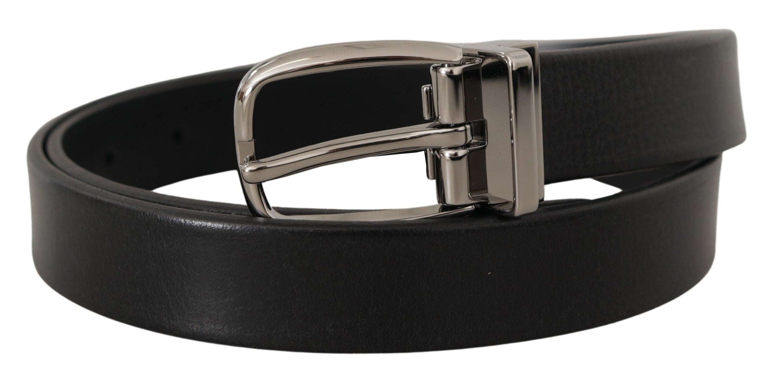 Dolce & Gabbana Black Leather Silver Chrome Metal Logo Buckle Men's Belt