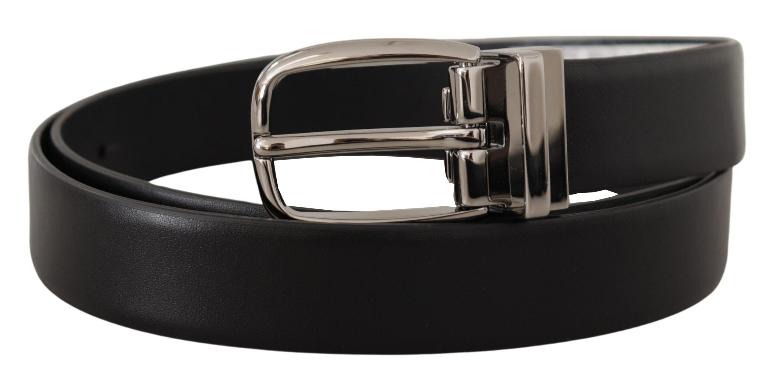 Dolce & Gabbana Black Leather Silver Metal Chrome Logo Buckle Men's Belt