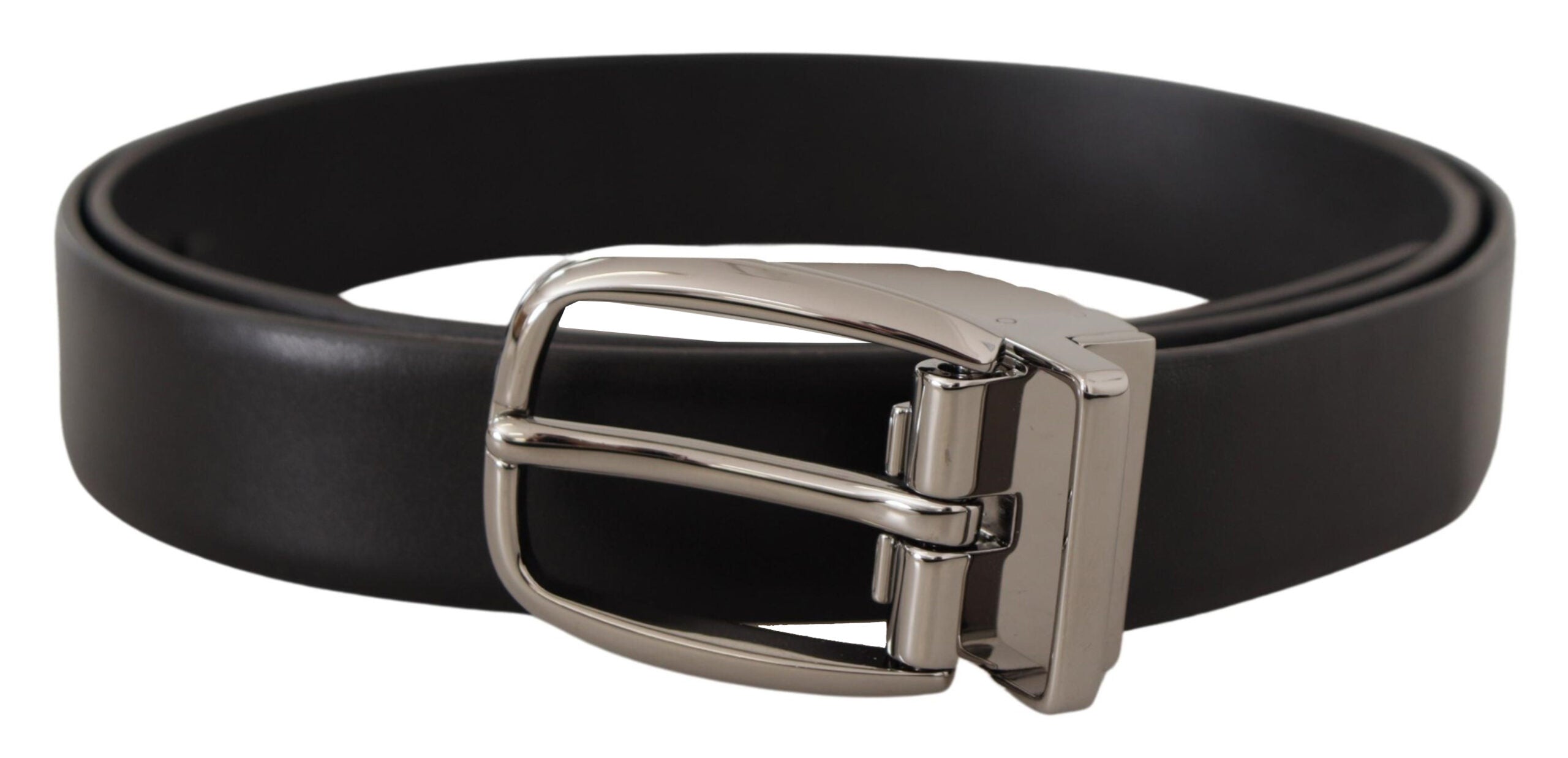 Dolce & Gabbana Black Leather Silver Metal Chrome Logo Buckle Men's Belt