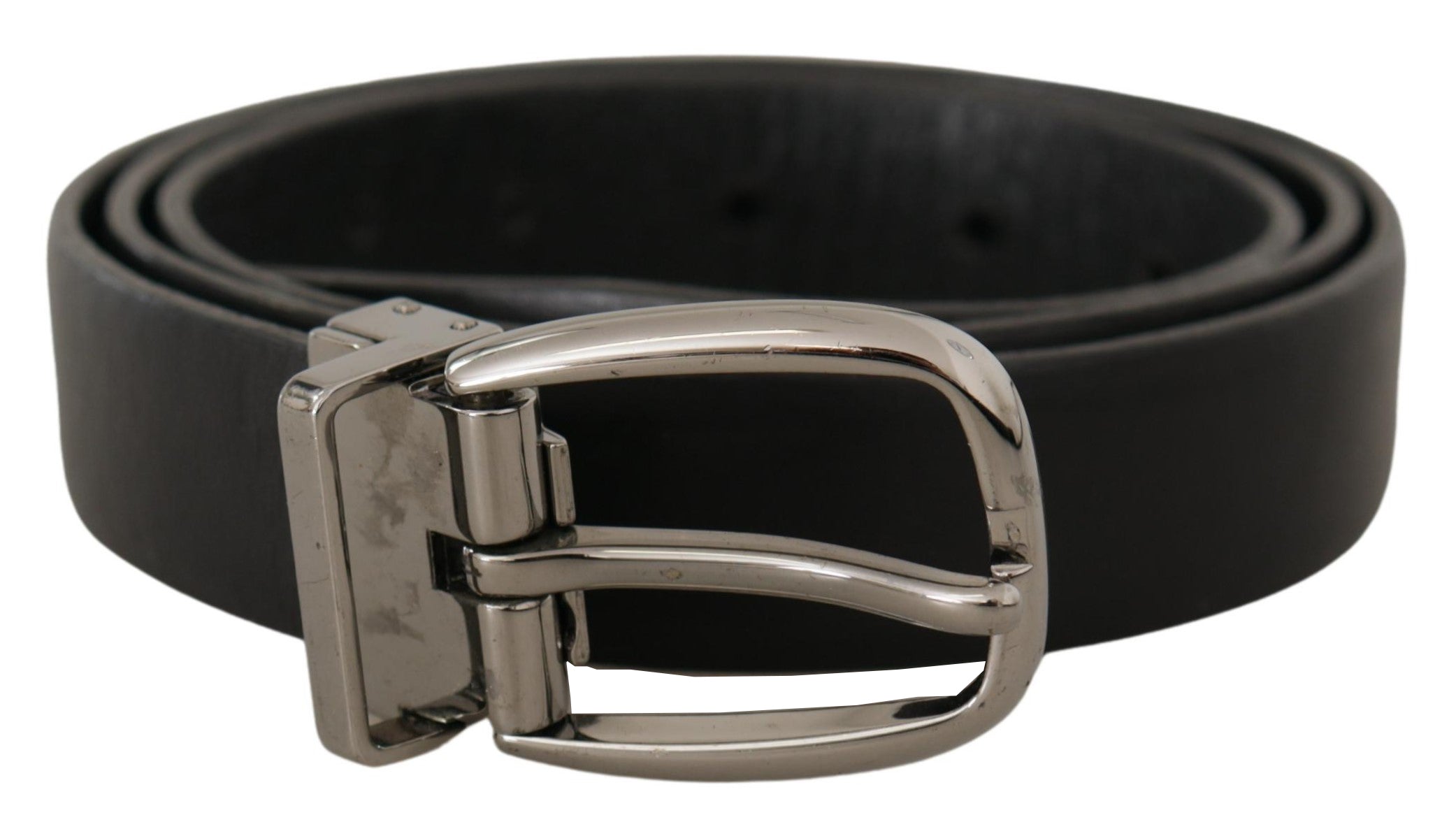 Dolce & Gabbana Black Leather Chrome Logo Metal Buckle Men's Belt