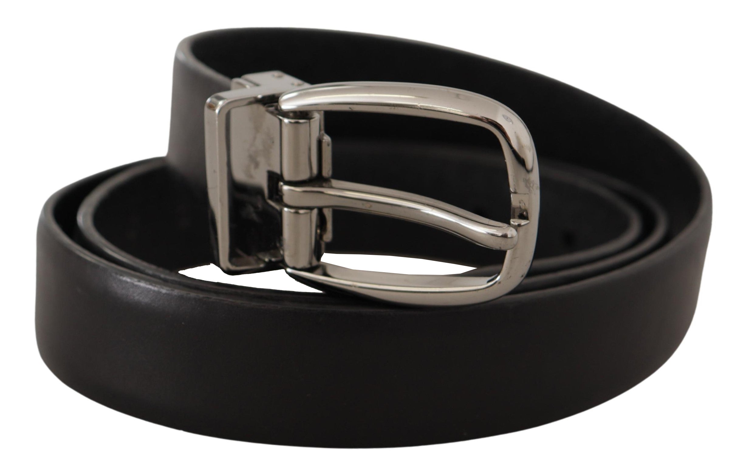 Dolce & Gabbana Black Leather Chrome Logo Metal Buckle Men's Belt