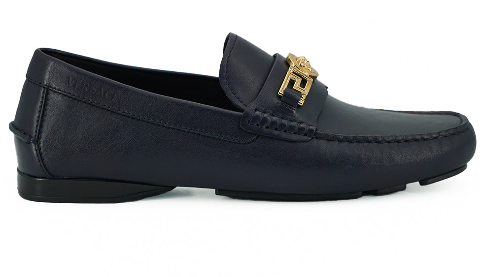 Versace Elegant Navy Blue Calf Leather Men's Loafers