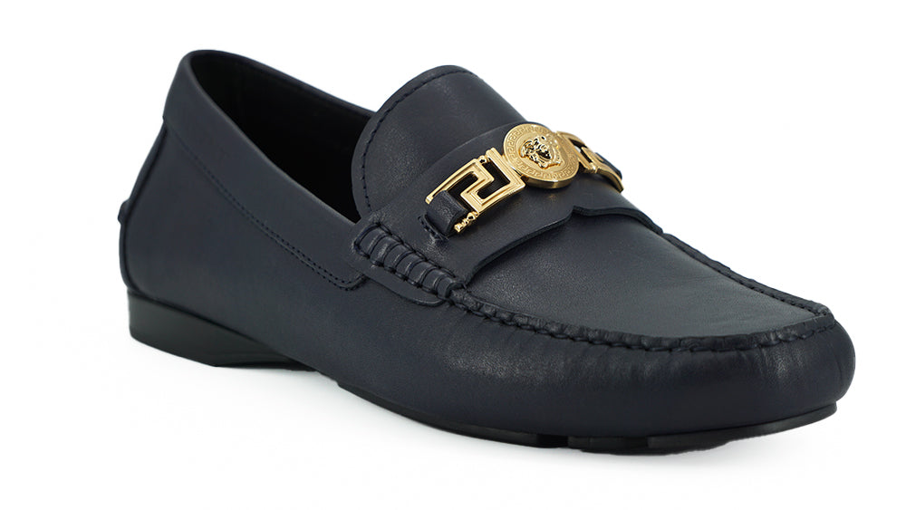 Versace Elegant Navy Blue Calf Leather Men's Loafers