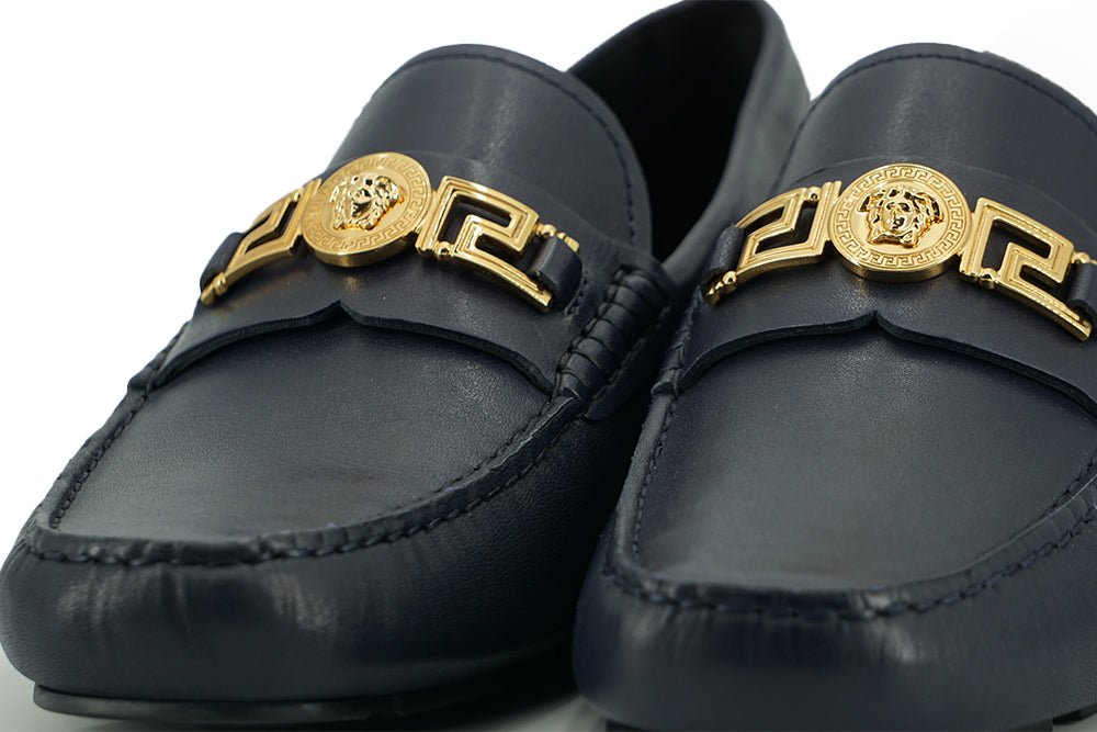 Versace Elegant Navy Blue Calf Leather Men's Loafers