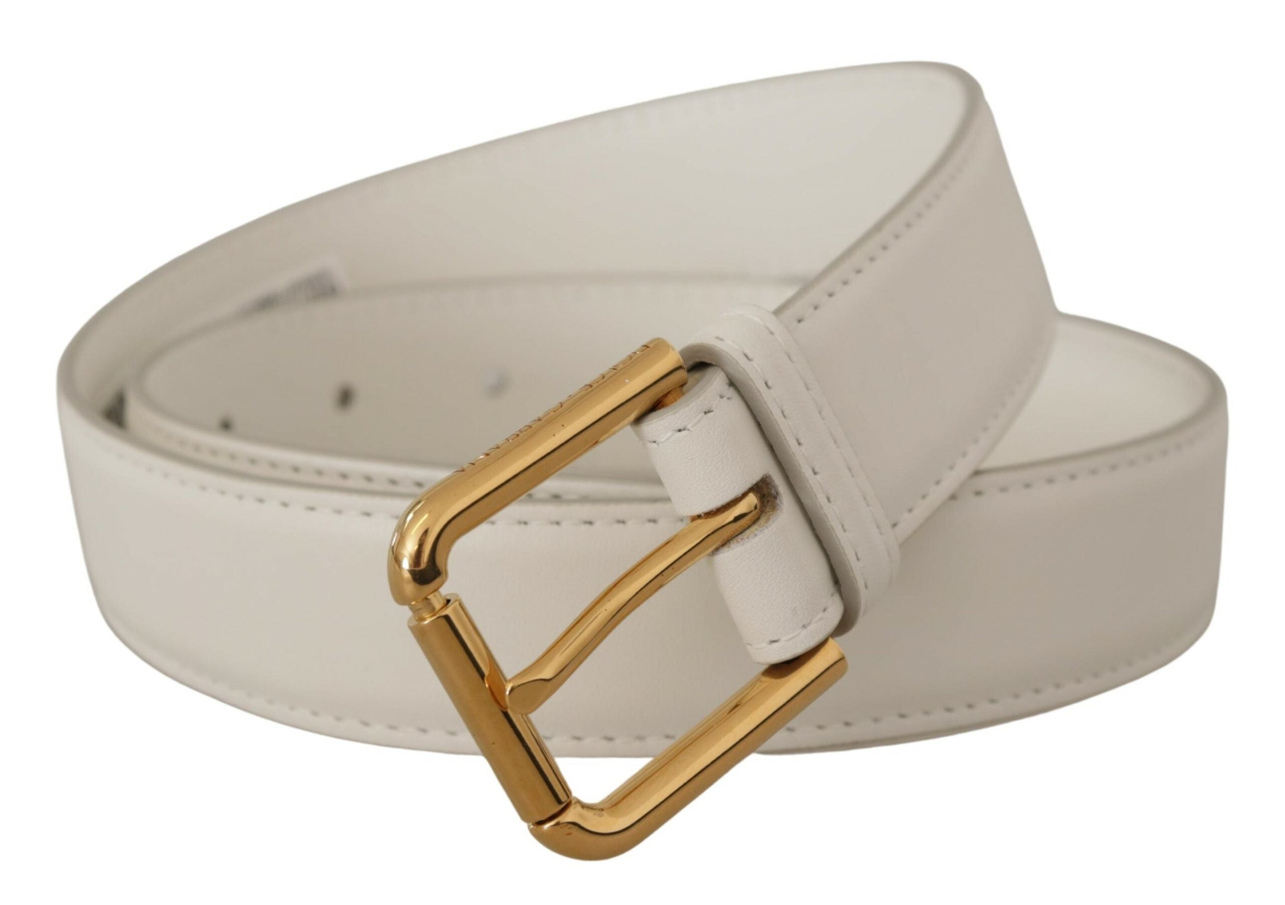 Dolce & Gabbana Chic White Leather Belt with Gold Engraved Women's Buckle