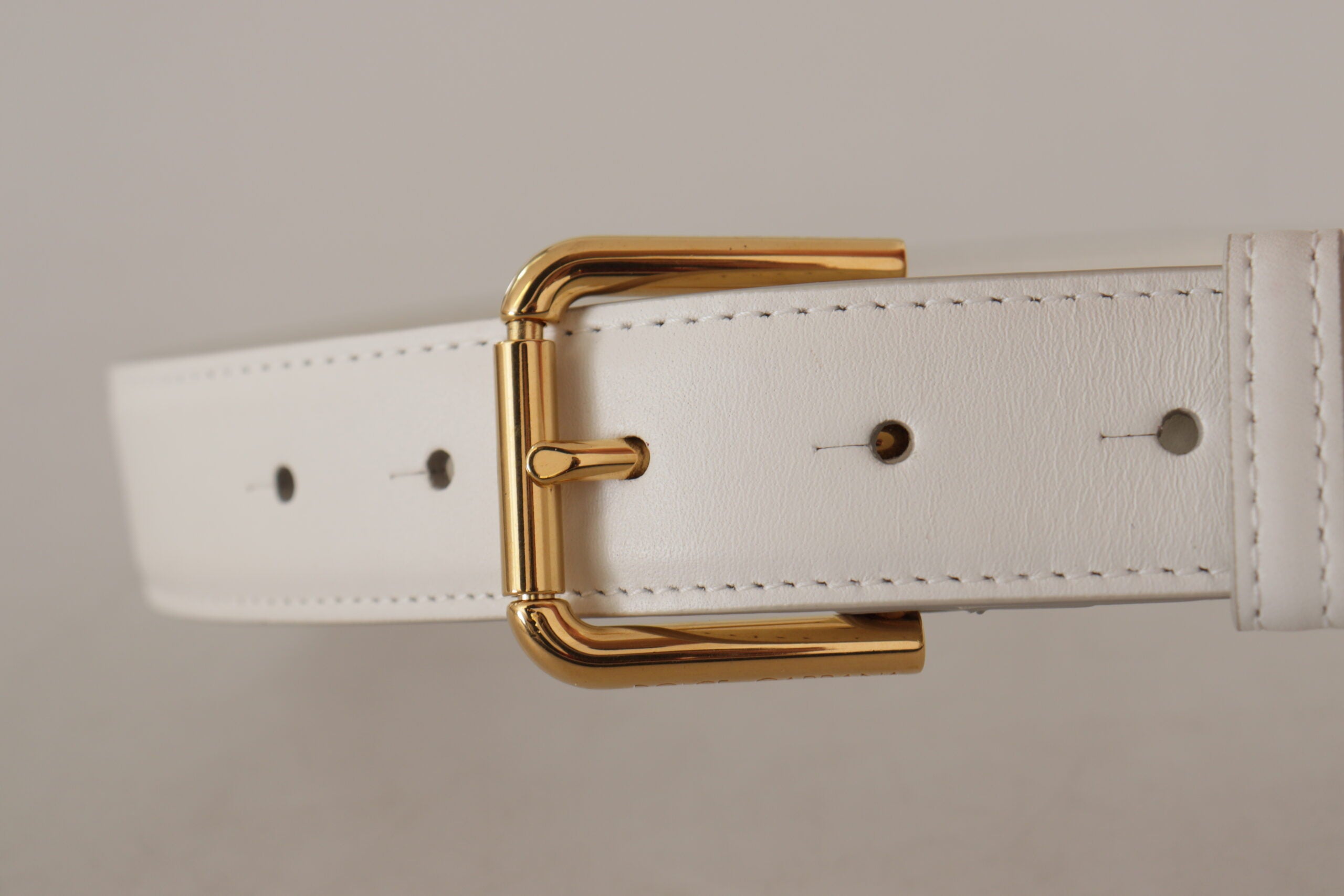Dolce & Gabbana Chic White Leather Belt with Gold Engraved Women's Buckle