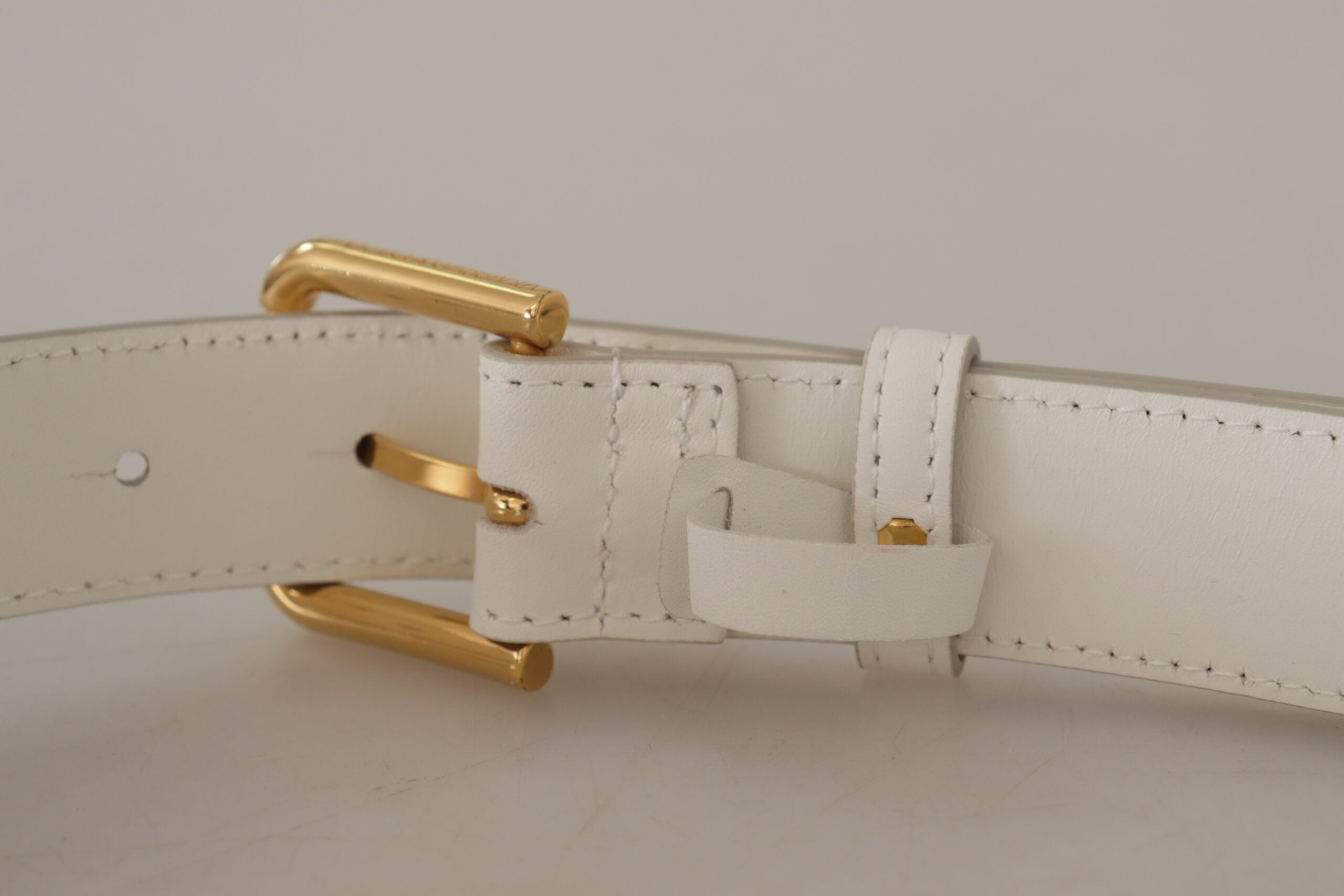 Dolce & Gabbana Chic White Leather Belt with Gold Engraved Women's Buckle