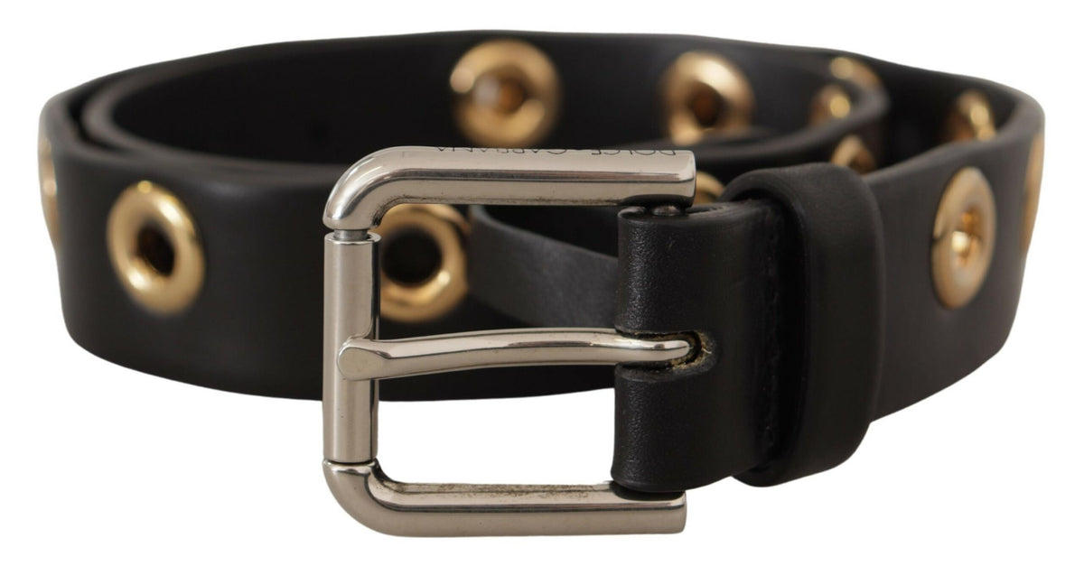 Dolce & Gabbana Black Leather Eyelet Silver Tone Metal Buckle Women's Belt