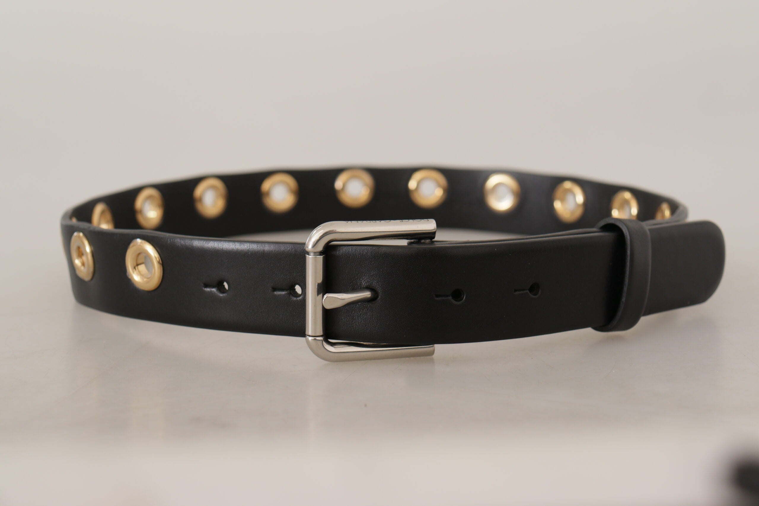 Dolce & Gabbana Black Leather Eyelet Silver Tone Metal Buckle Women's Belt