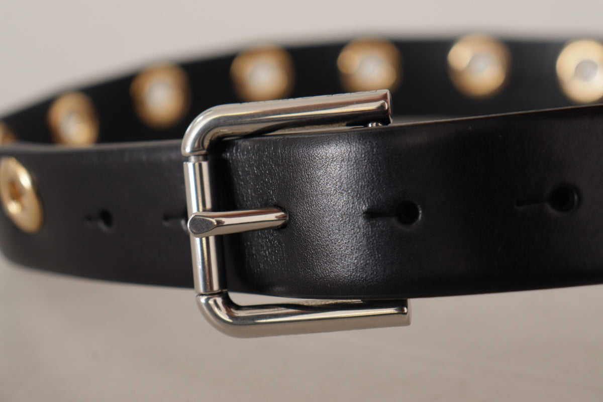 Dolce & Gabbana Black Leather Eyelet Silver Tone Metal Buckle Women's Belt