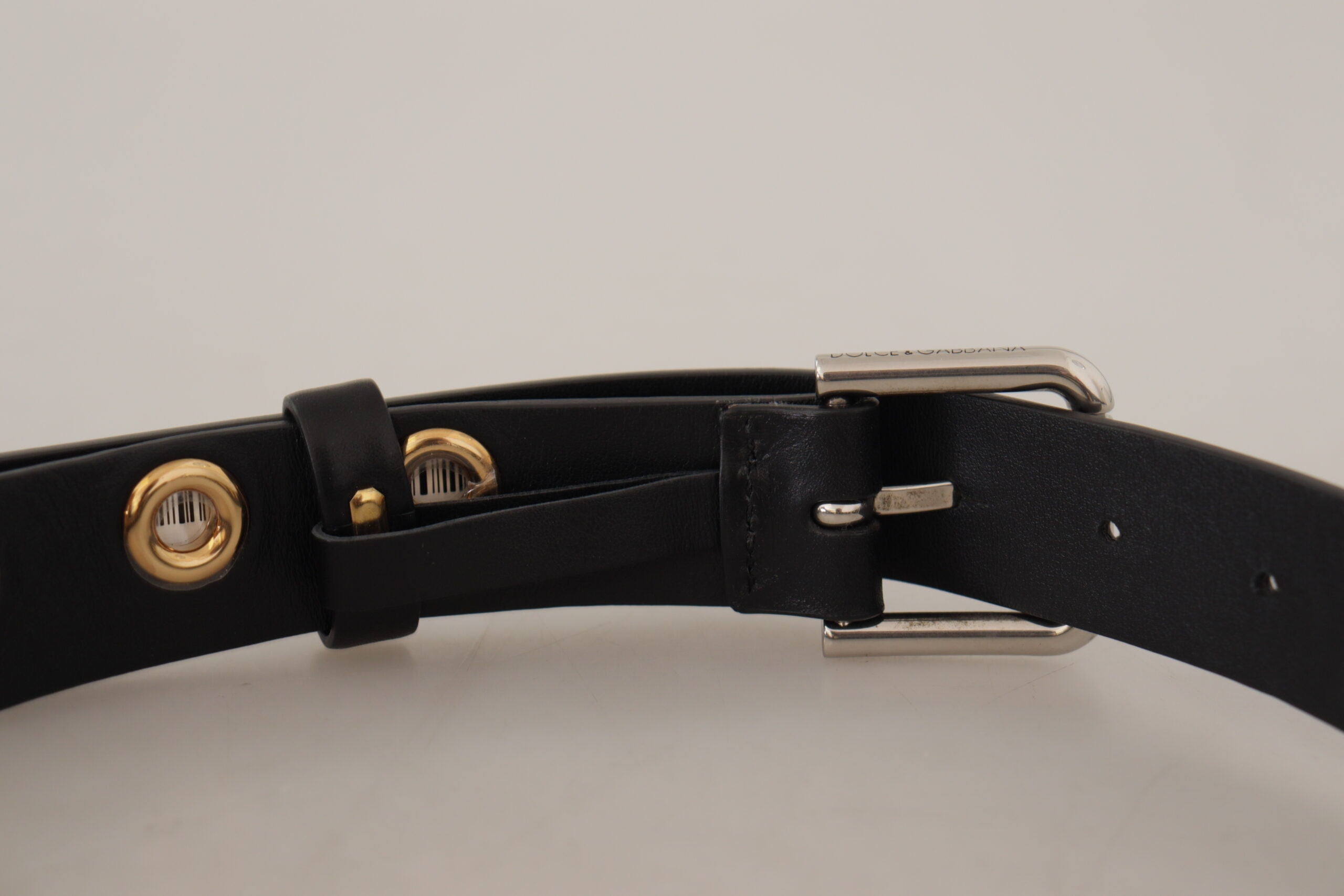 Dolce & Gabbana Black Leather Eyelet Silver Tone Metal Buckle Women's Belt