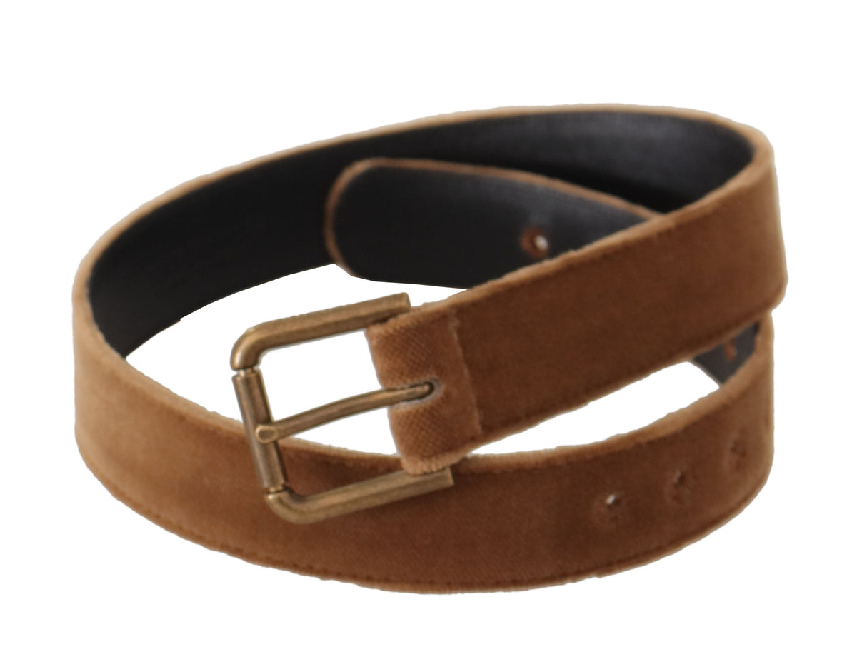 Dolce & Gabbana Brown Velvet Bronze Vintage Logo Metal Buckle Women's Belt