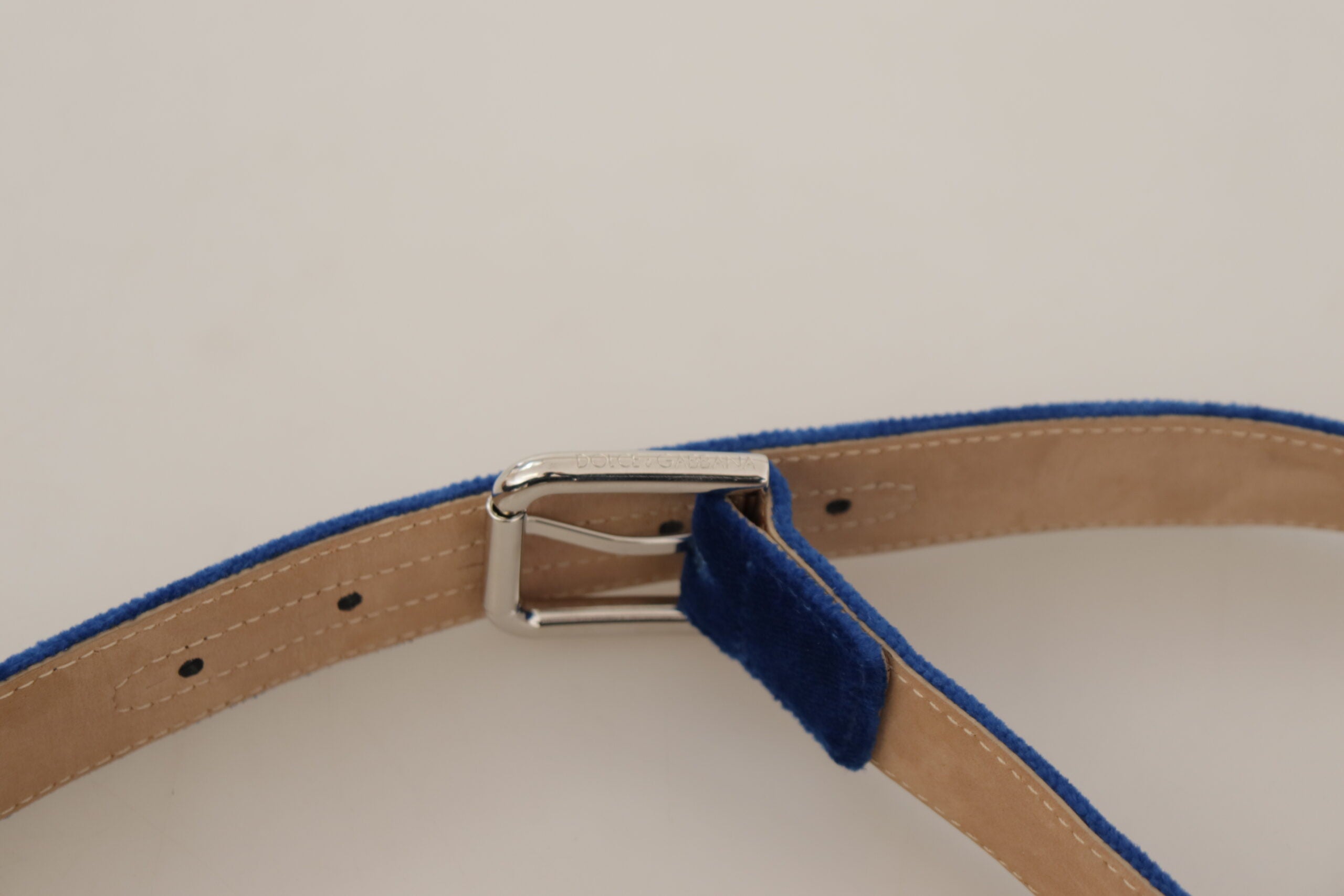 Dolce & Gabbana Blue Velvet Silver Logo Engraved Metal Buckle Women's Belt