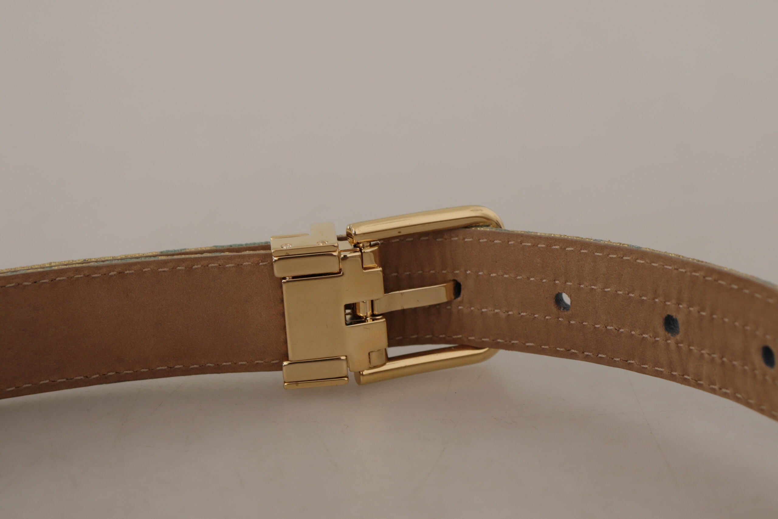 Dolce & Gabbana Blue Leather Jacquard Embossed Gold Metal Buckle Women's Belt