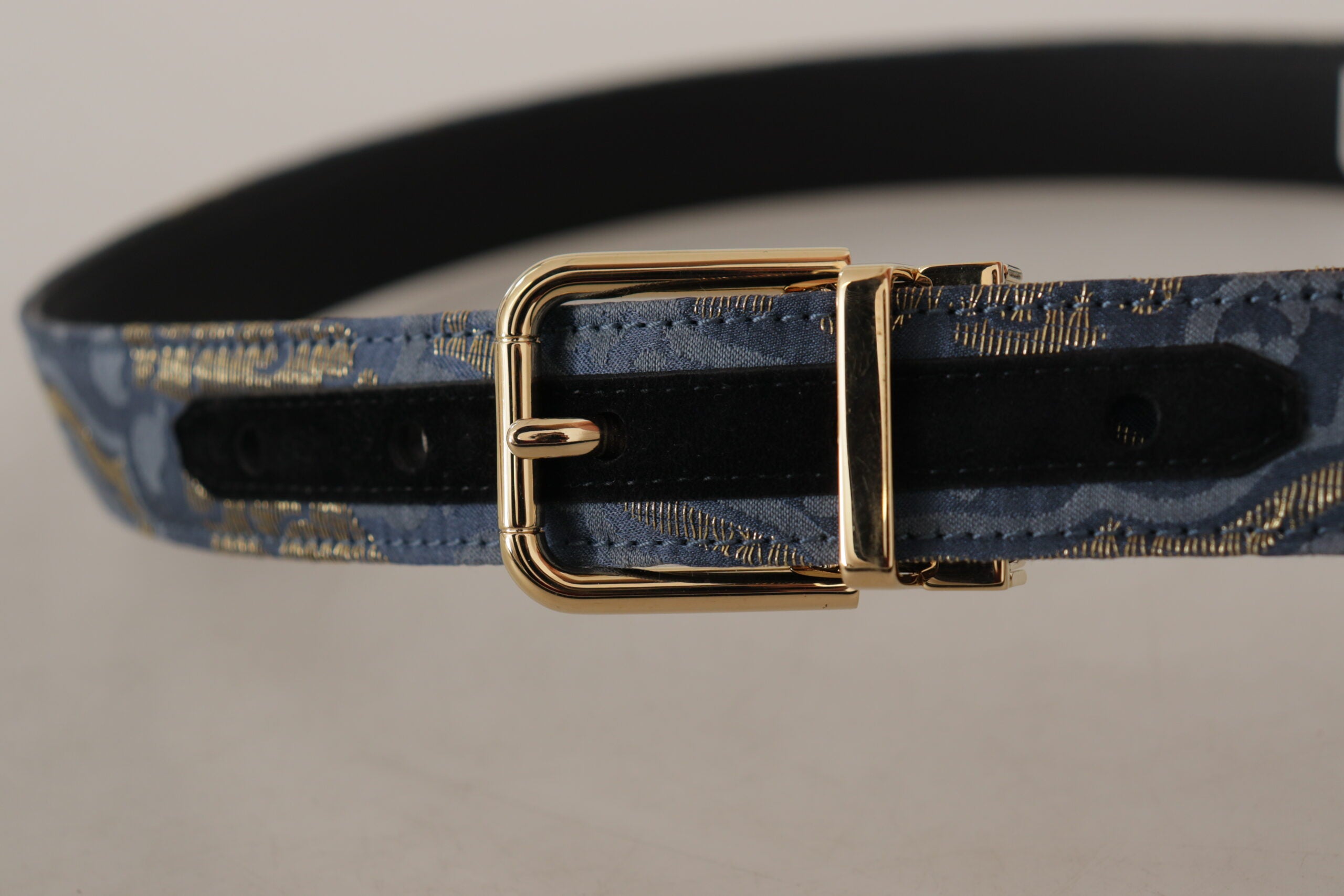 Dolce & Gabbana Navy Blue Jacquard Gold Tone Logo Metal Buckle Women's Belt
