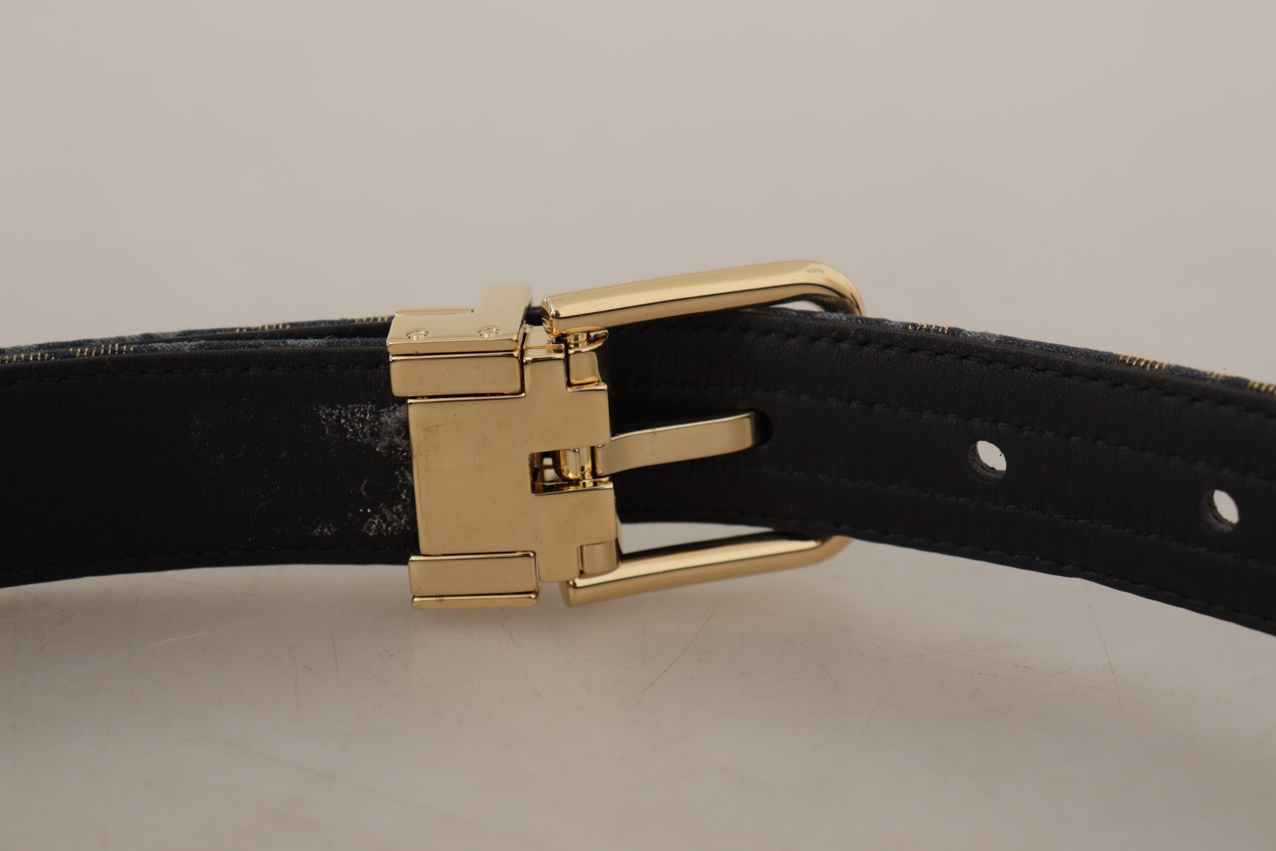 Dolce & Gabbana Navy Blue Jacquard Gold Tone Logo Metal Buckle Women's Belt