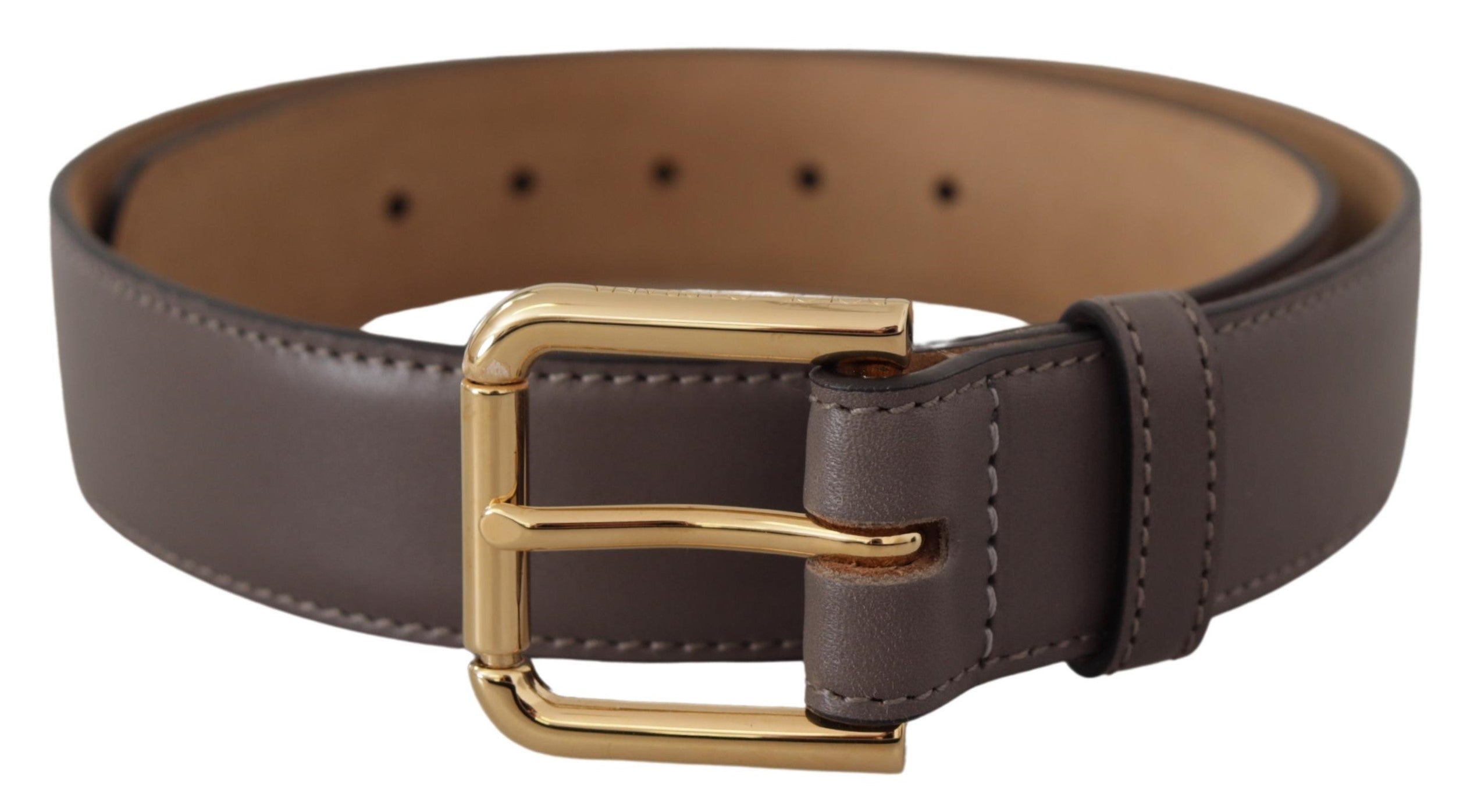 Dolce & Gabbana Gray Calfskin Leather Gold Metal Logo Buckle Women's Belt