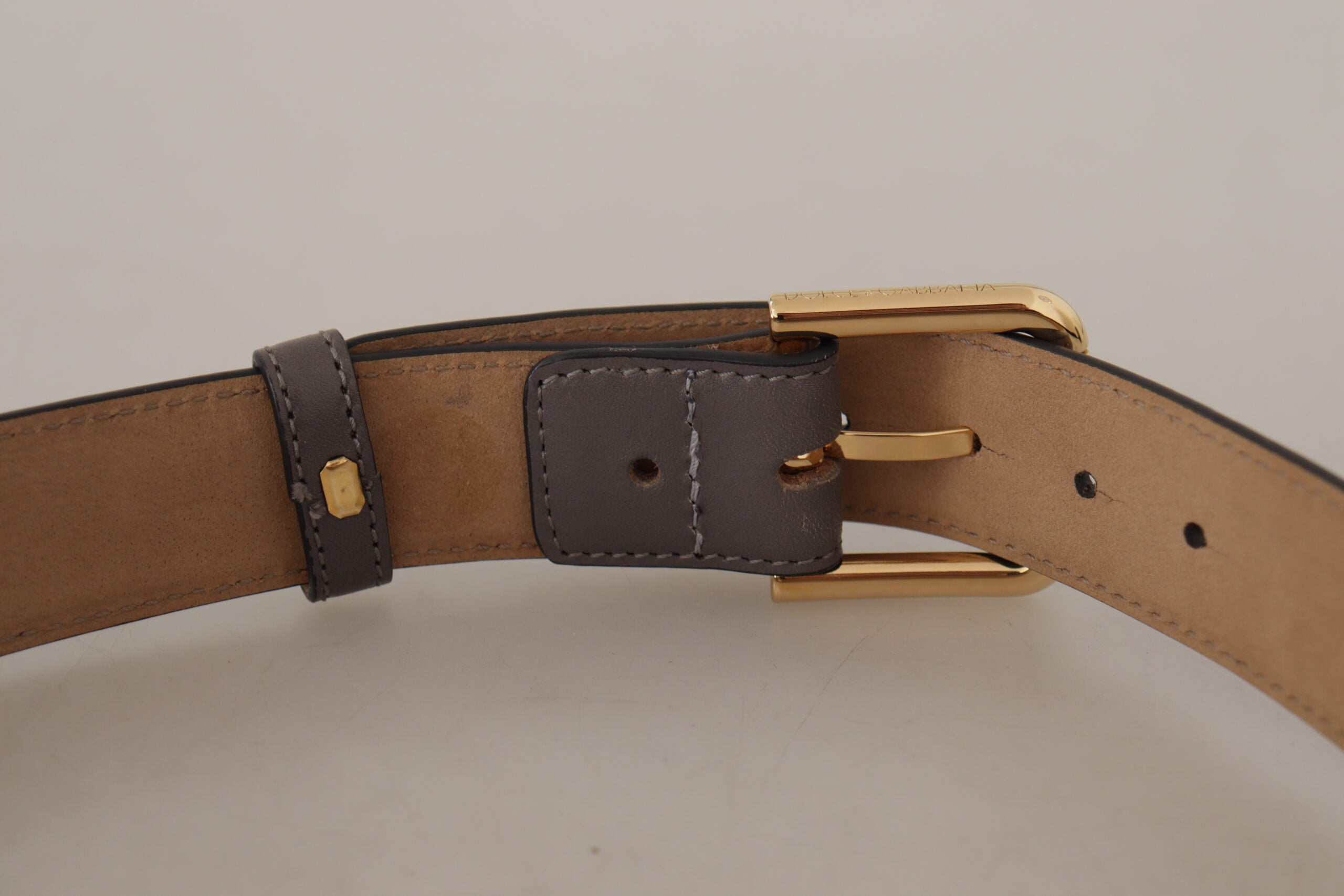 Dolce & Gabbana Gray Calfskin Leather Gold Metal Logo Buckle Women's Belt