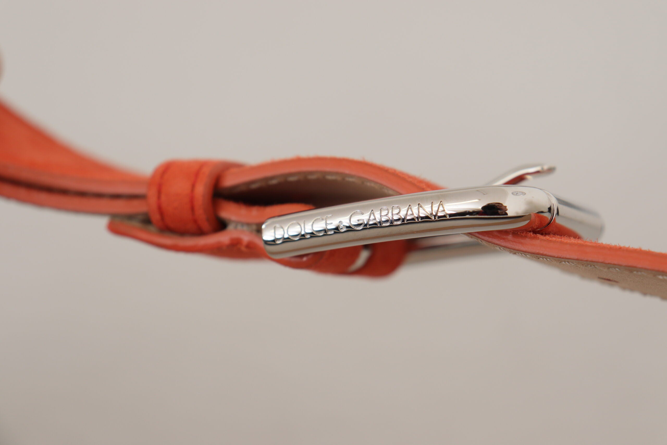 Dolce & Gabbana Orange Leather Suede Silver Logo Metal Buckle Women's Belt
