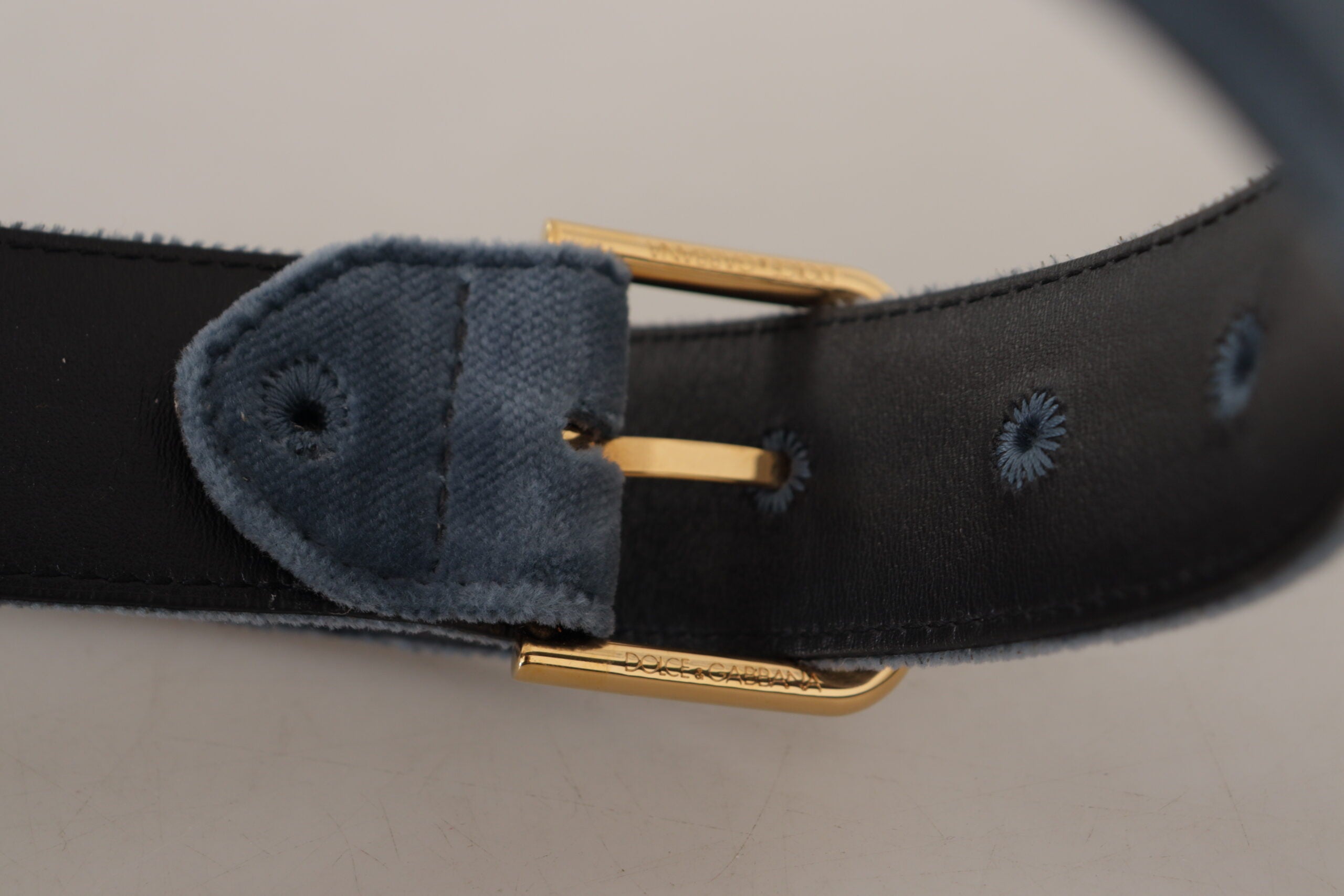 Dolce & Gabbana Navy Blue Velvet Gold Metal Logo Waist Buckle Women's Belt