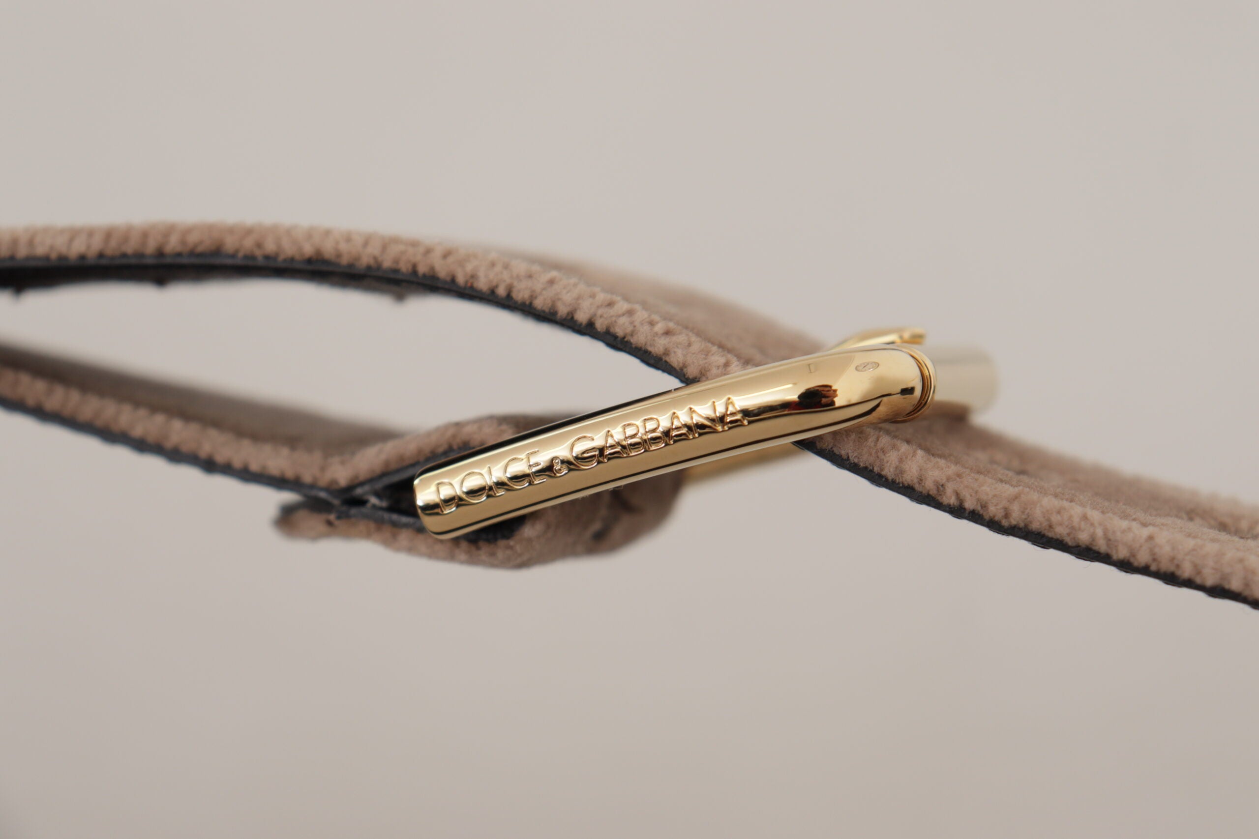 Dolce & Gabbana Light Brown Velvet Gold Tone Logo Metal Buckle Women's Belt