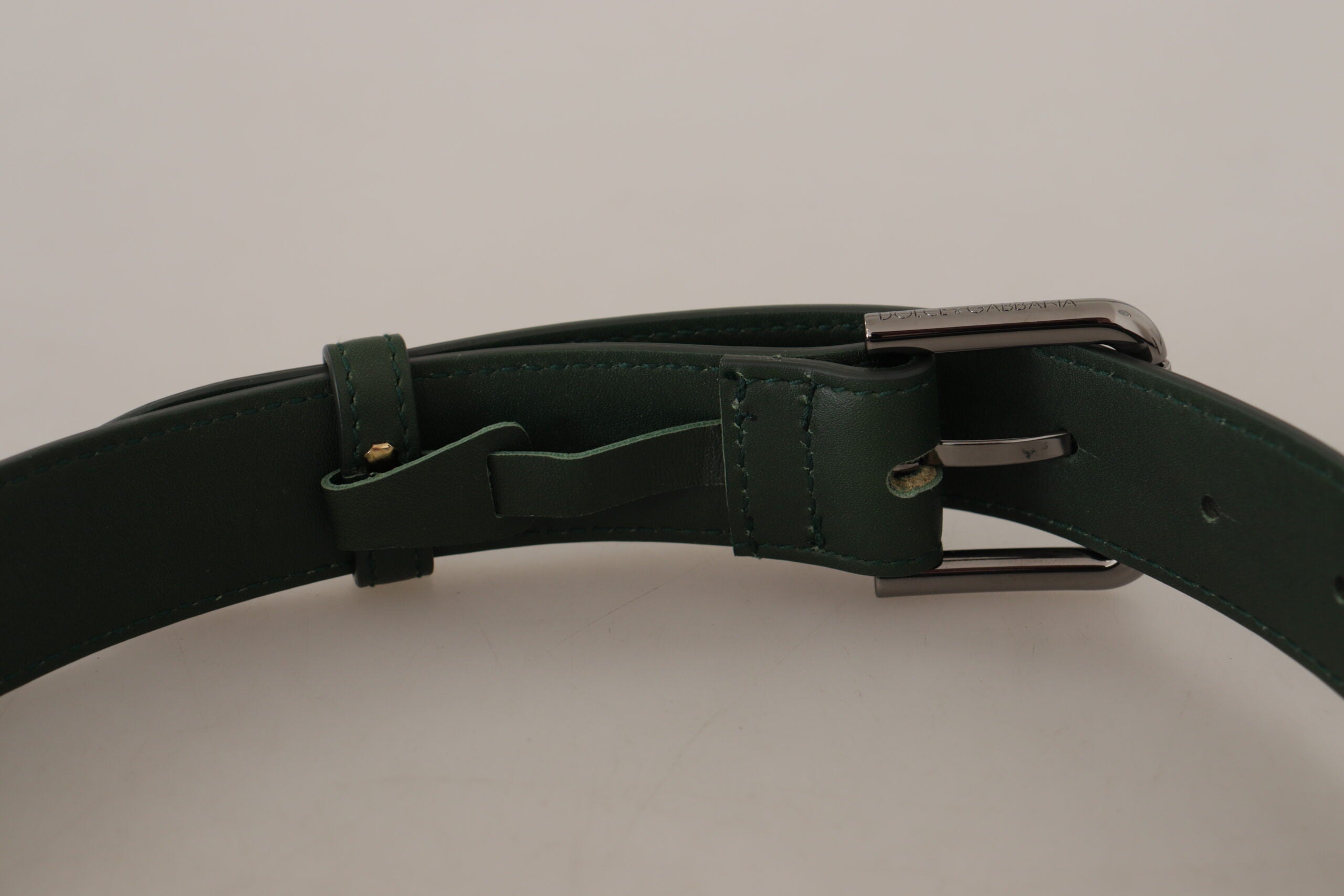 Dolce & Gabbana Army Green Leather Logo Metal Waist Buckle Women's Belt