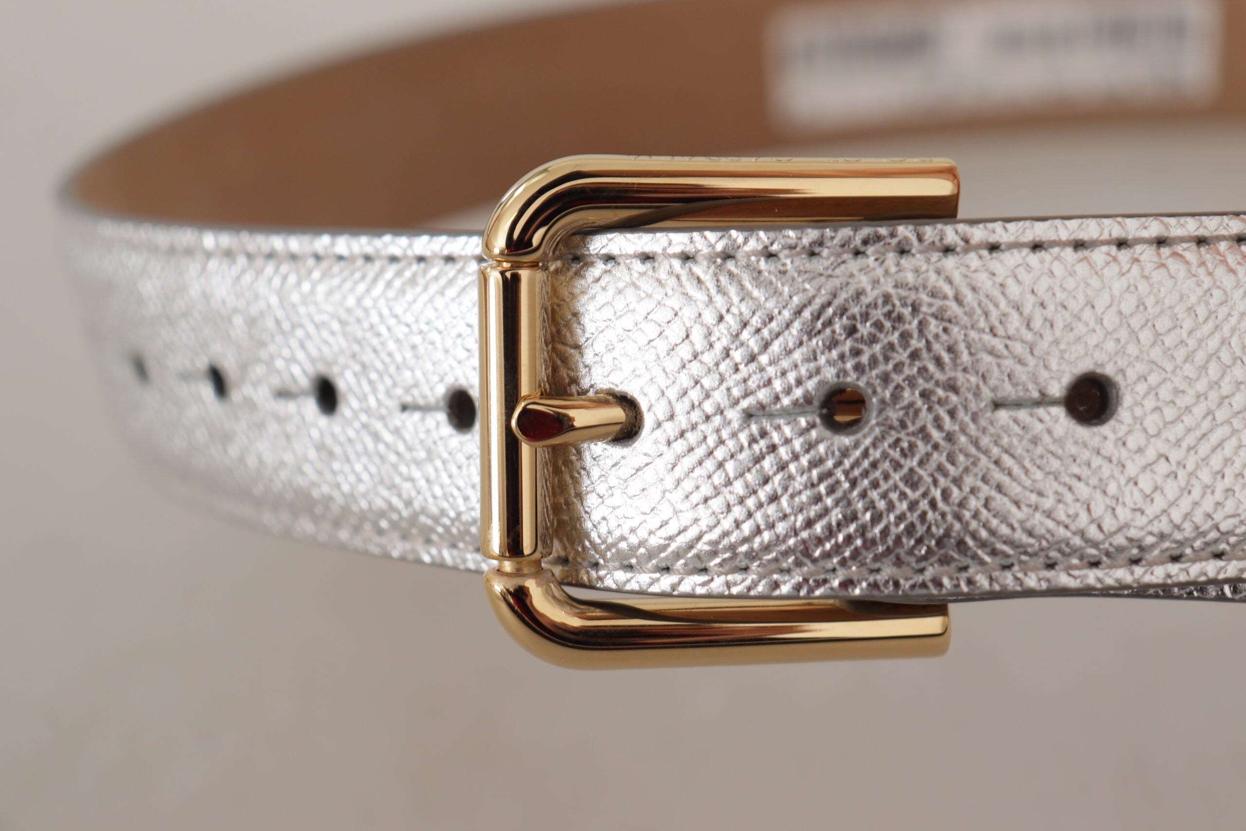 Dolce & Gabbana Silver Leather Gold Tone Logo Metal Waist Buckle Women's Belt