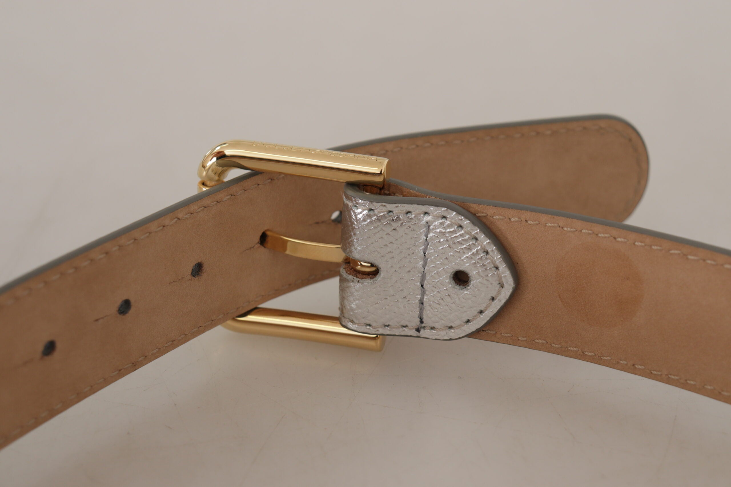 Dolce & Gabbana Silver Leather Gold Tone Logo Metal Waist Buckle Women's Belt