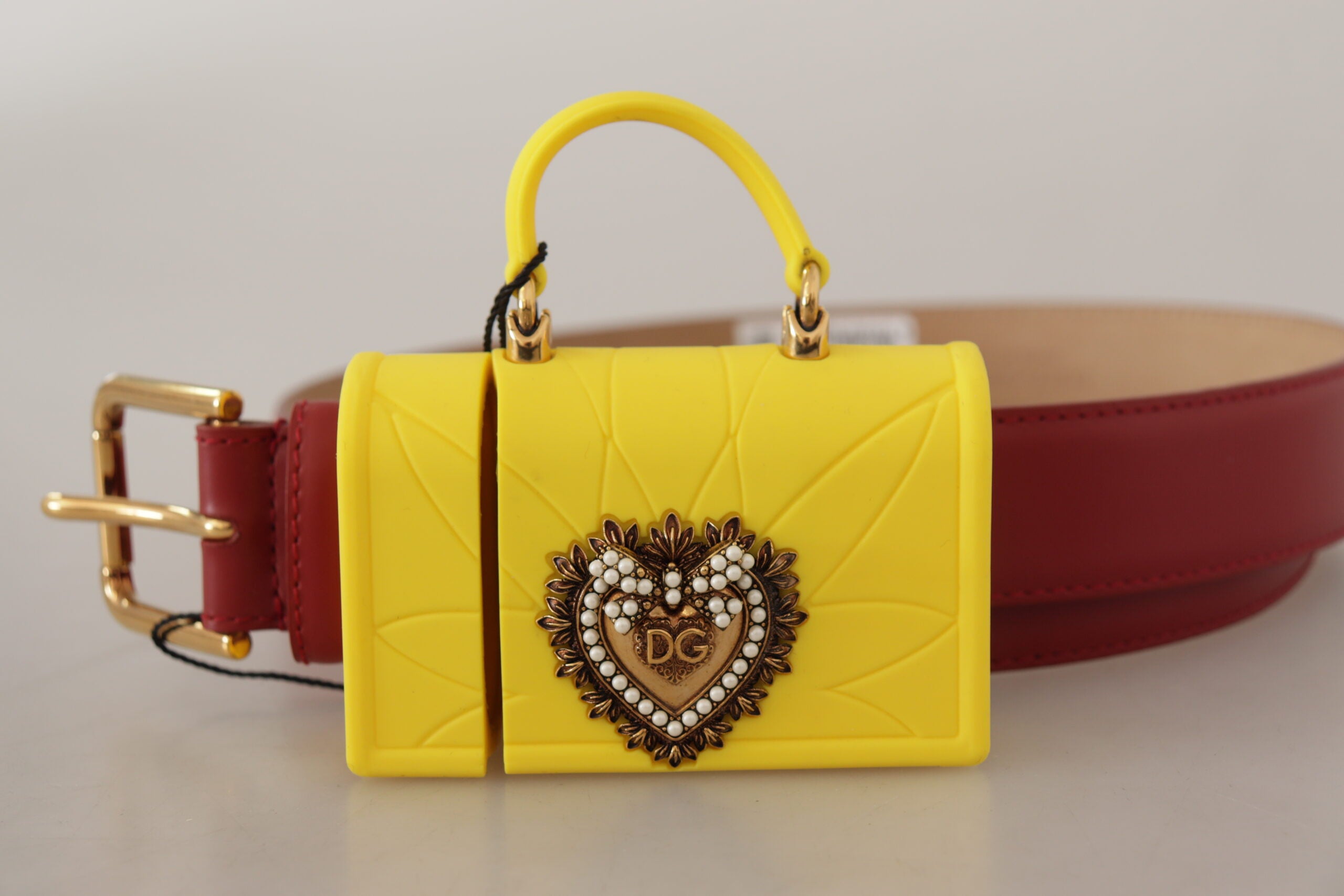 Dolce & Gabbana Red Leather Yellow DEVOTION Heart Bag Buckle Women's Belt