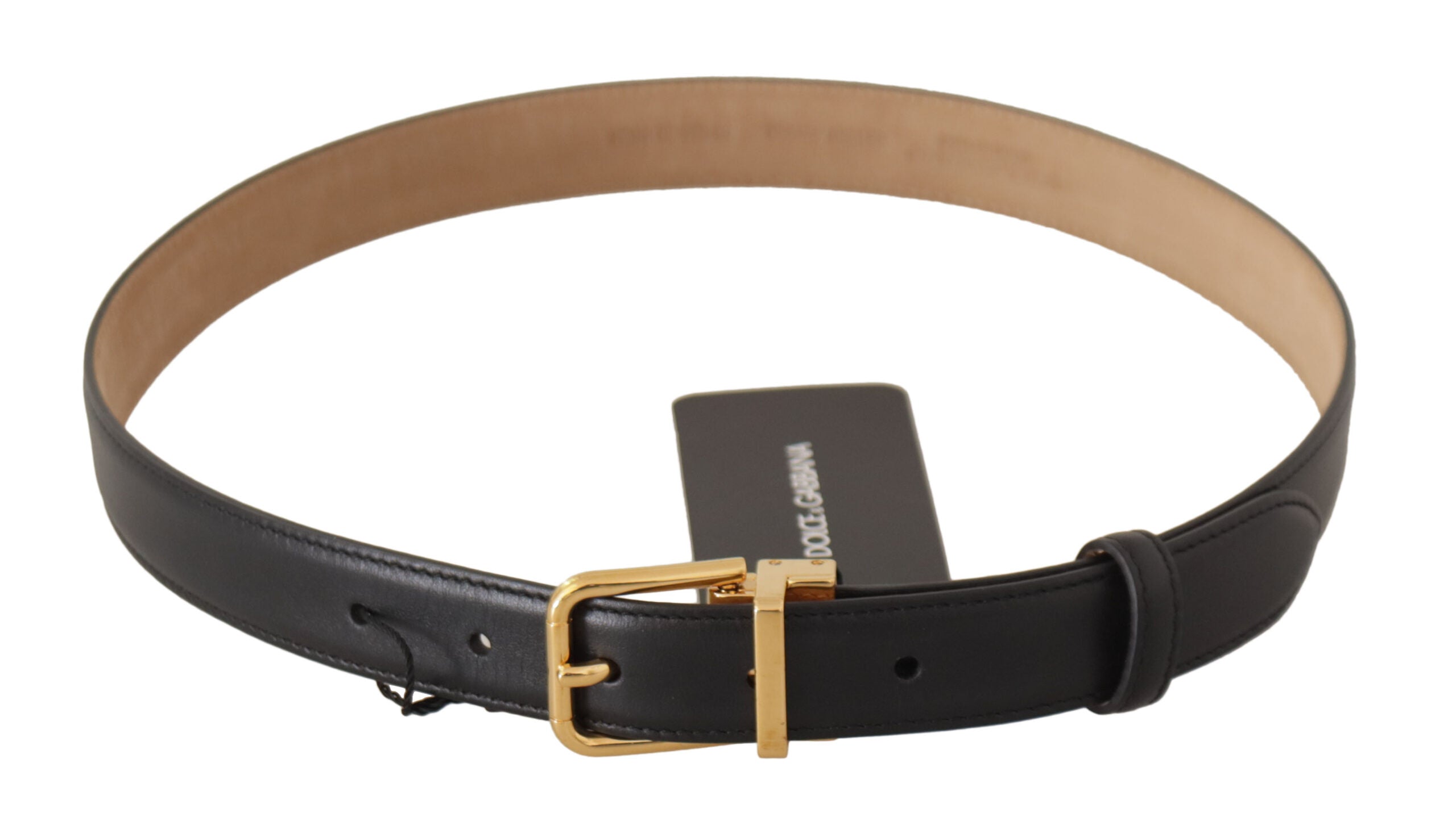 Dolce & Gabbana Black Calf Leather Gold Metal Logo Waist Buckle Women's Belt
