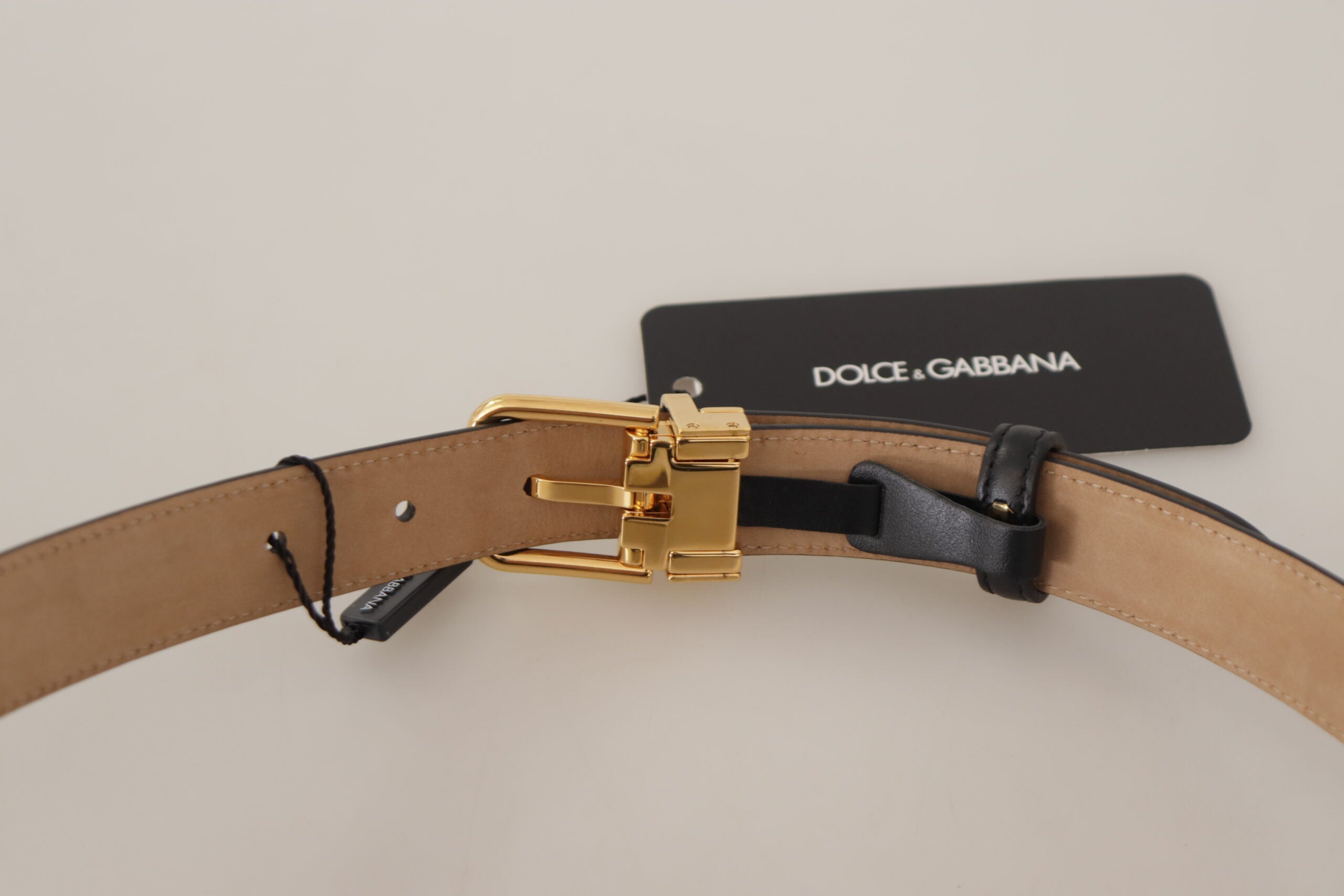 Dolce & Gabbana Black Calf Leather Gold Metal Logo Waist Buckle Women's Belt