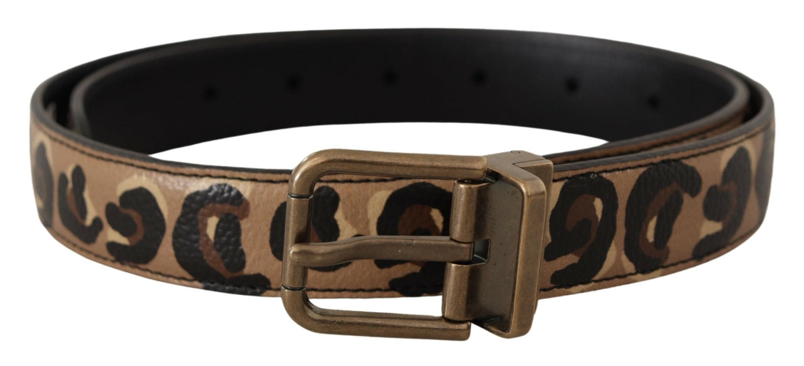 Dolce & Gabbana Brown Leather Leopard Print Bronze Metal Buckle Women's Belt