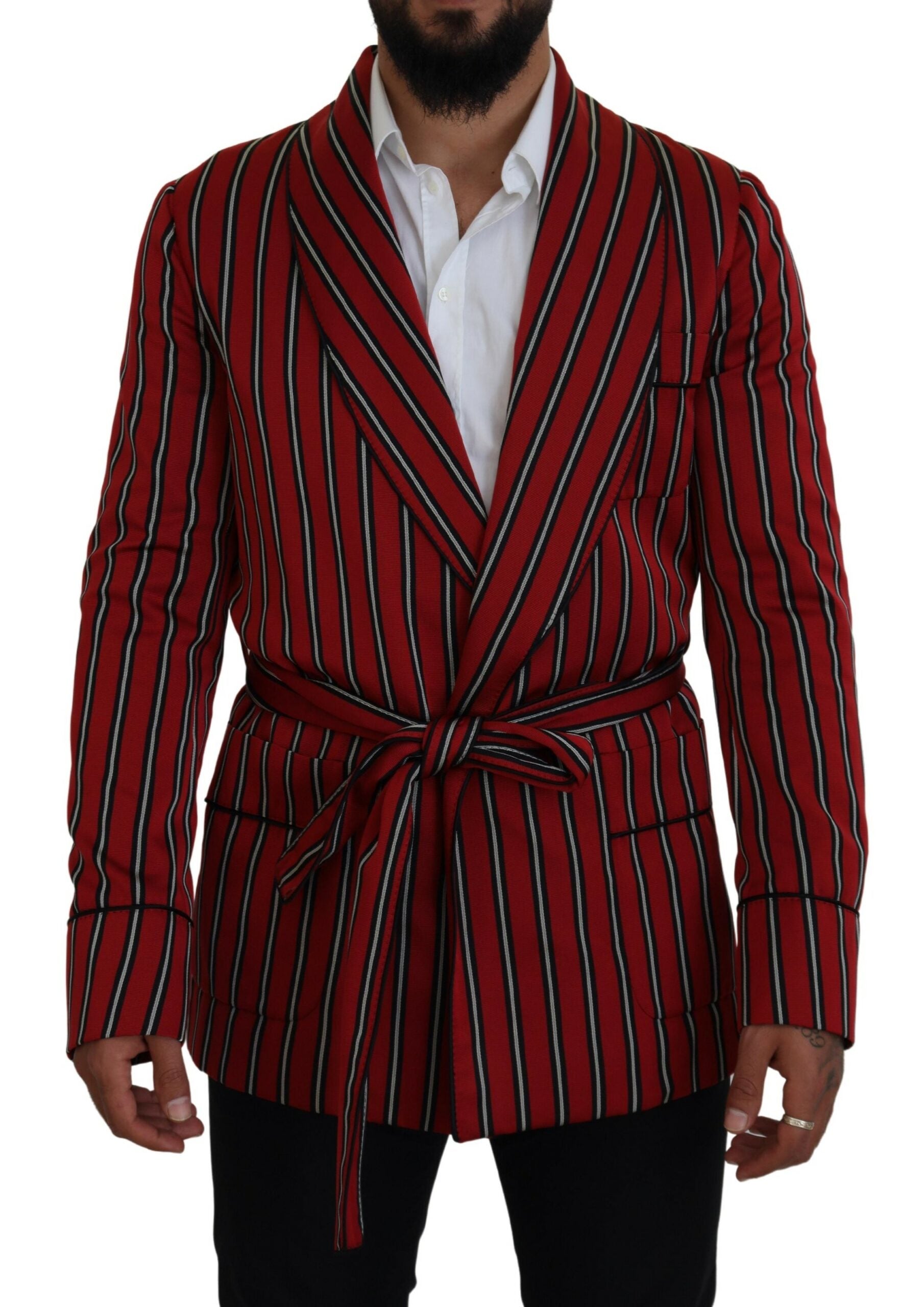 Dolce & Gabbana Elegant Red Striped Long Robe Luxury Men's Wear