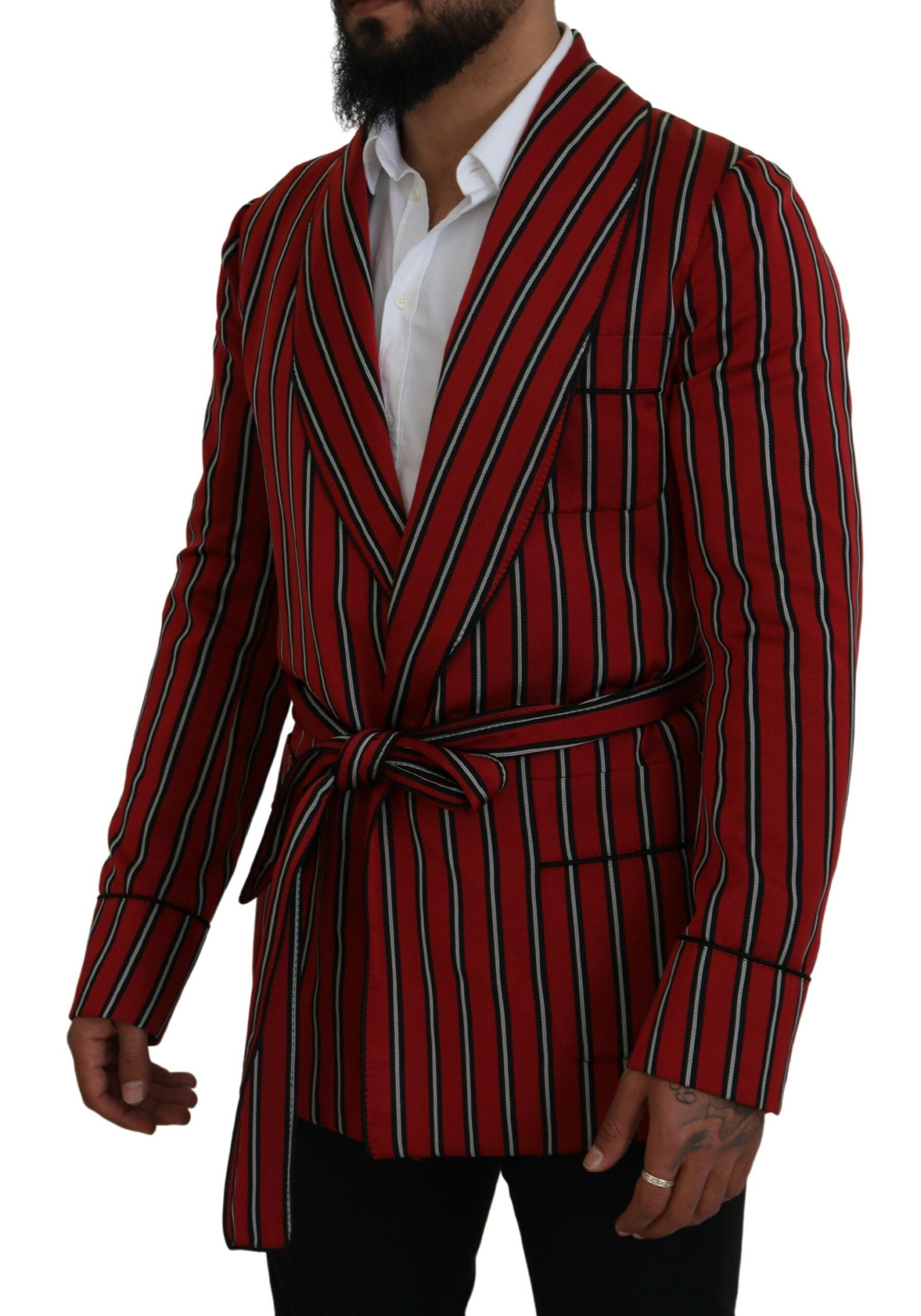 Dolce & Gabbana Elegant Red Striped Long Robe Luxury Men's Wear