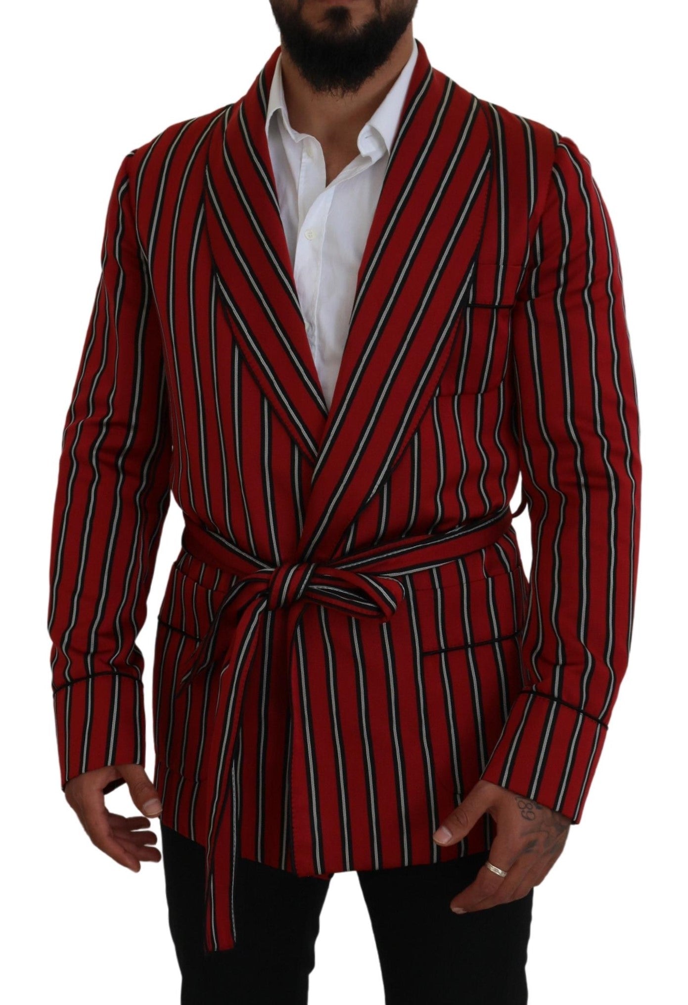 Dolce & Gabbana Elegant Red Striped Long Robe Luxury Men's Wear