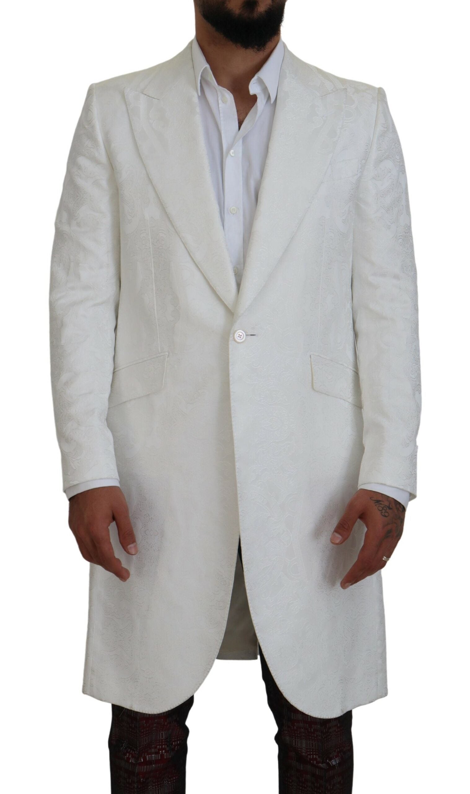 Dolce & Gabbana Elegant White Floral Brocade Trench Men's Coat