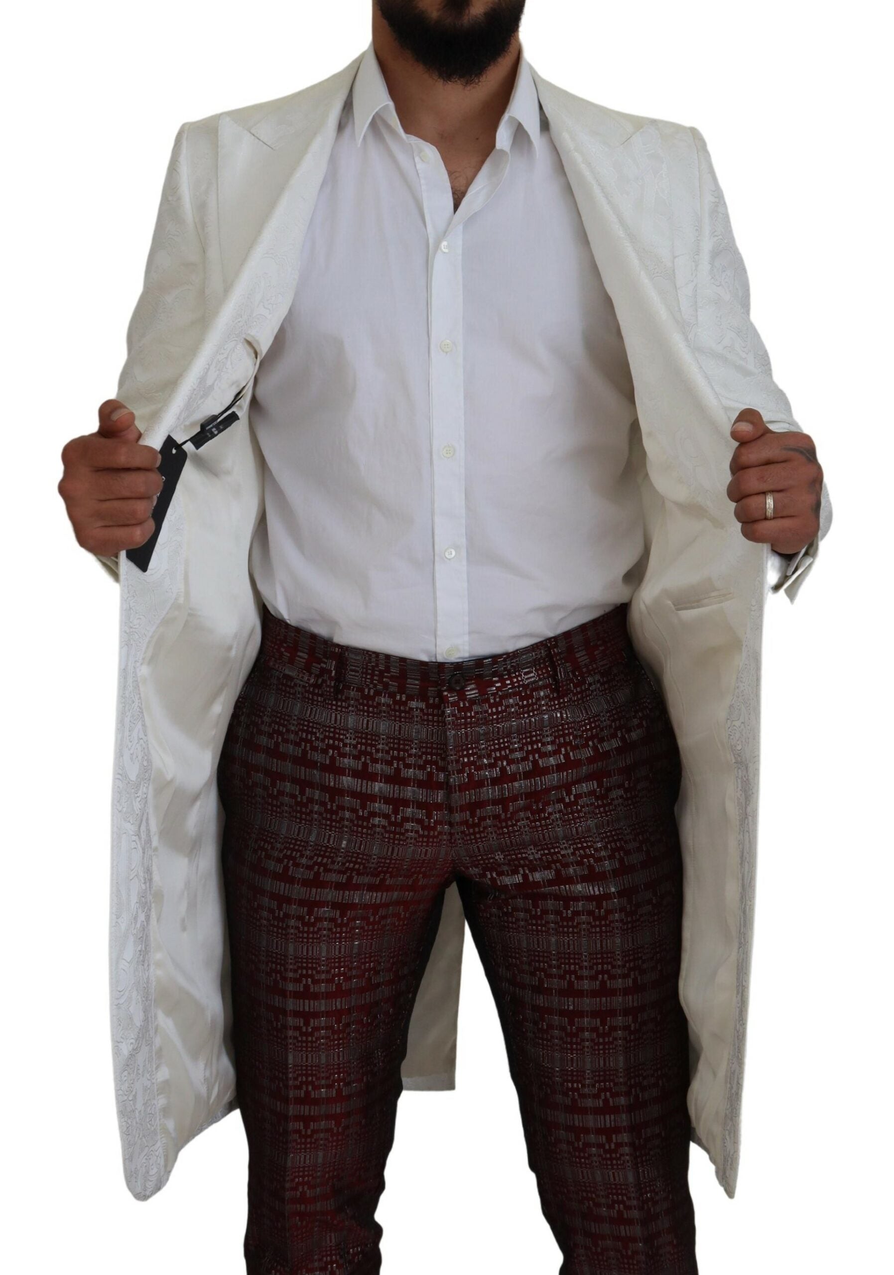 Dolce & Gabbana Elegant White Floral Brocade Trench Men's Coat