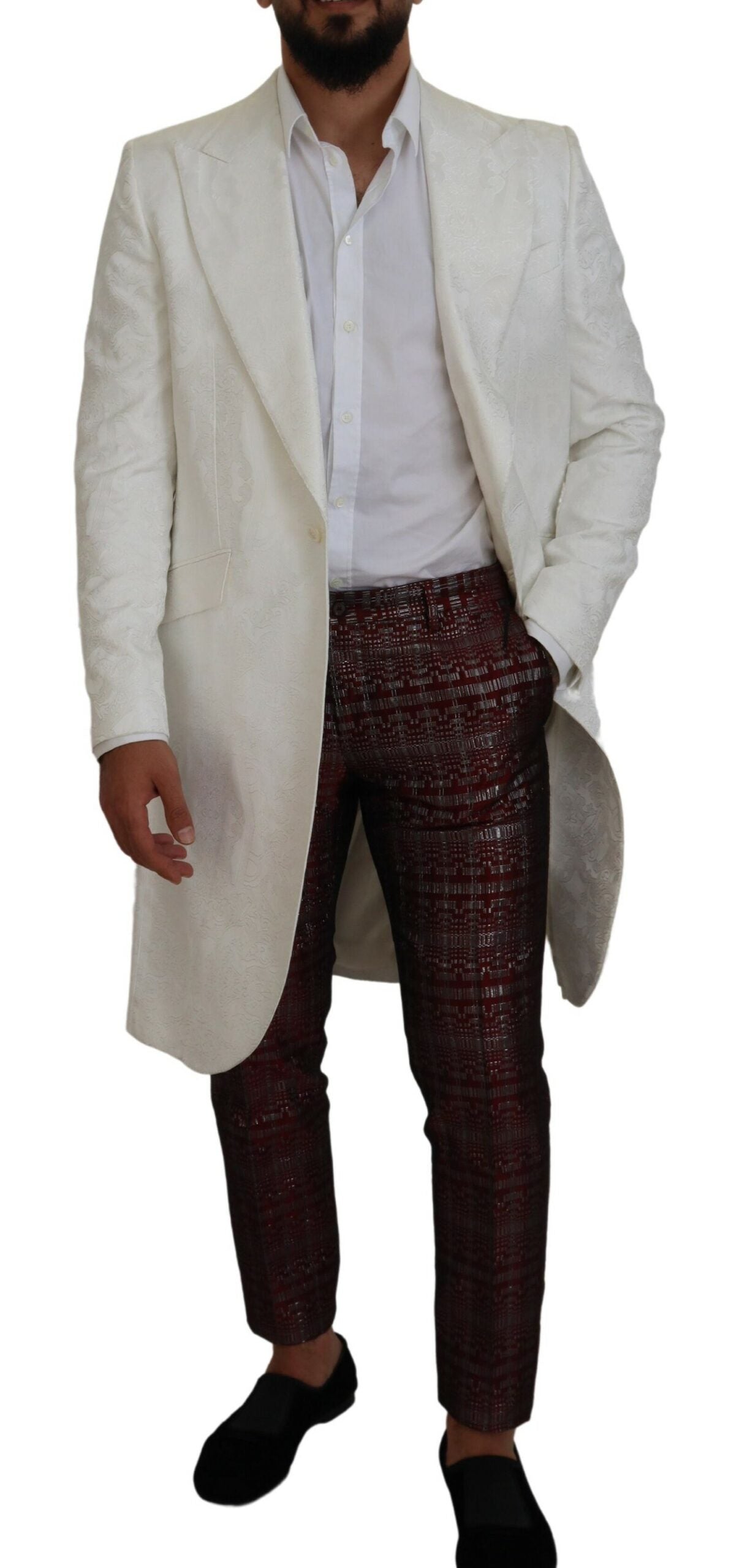 Dolce & Gabbana Elegant White Floral Brocade Trench Men's Coat