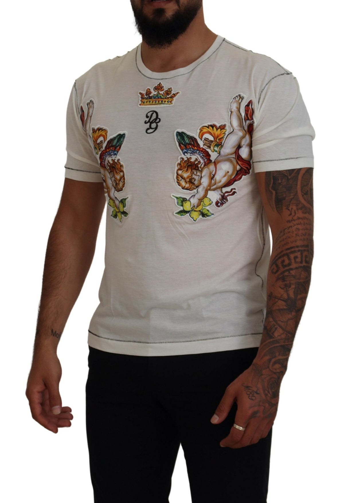 Dolce & Gabbana White Printed Short Sleeves Men Men's T-shirt