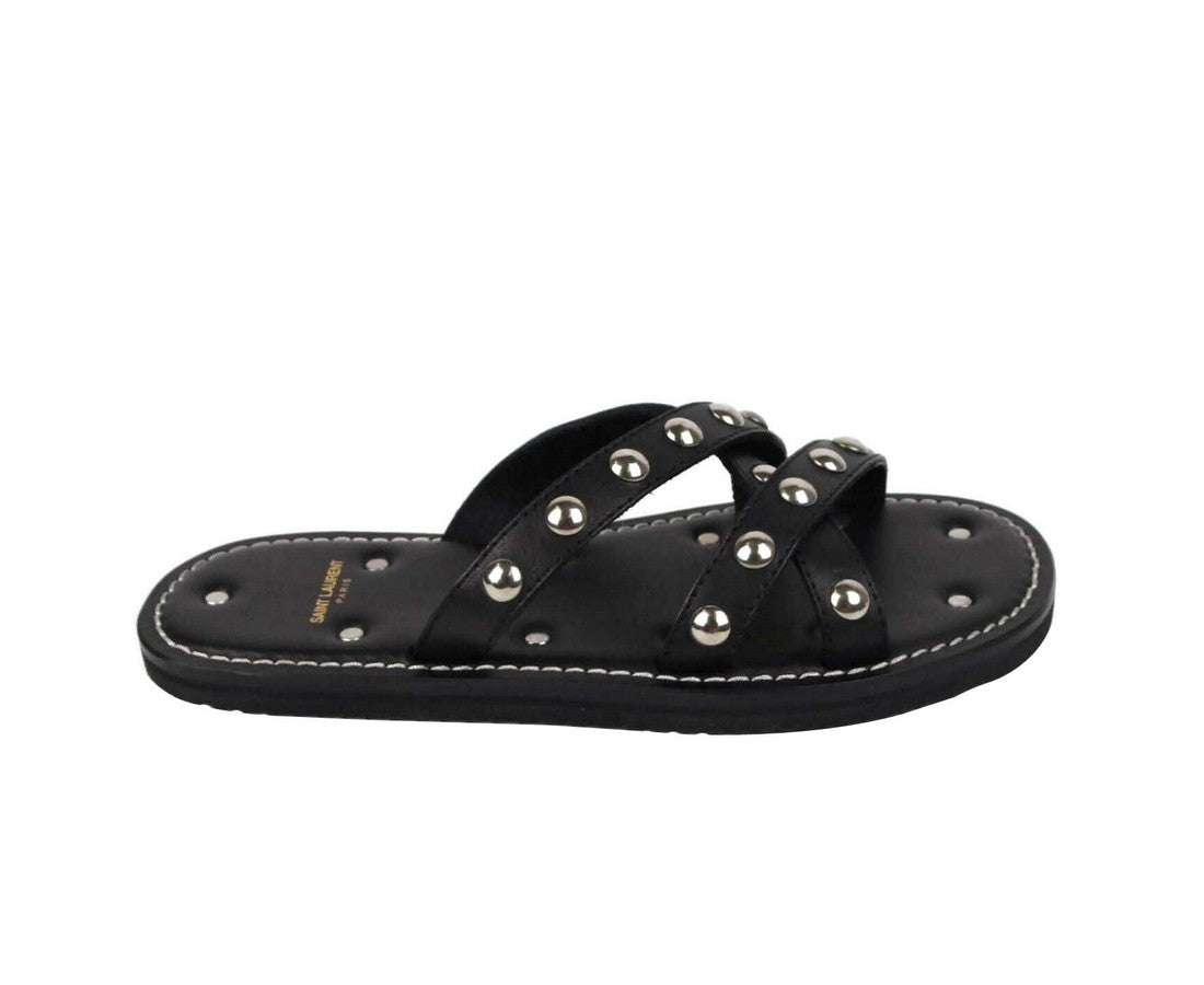 Saint Laurent Men's Black Leather Sandal With Silver Studs (39 EU / 6 US)
