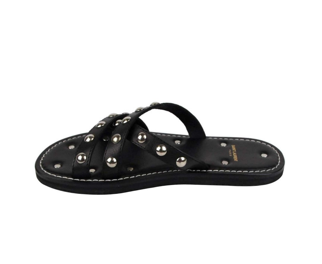 Saint Laurent Men's Black Leather Sandal With Silver Studs (39 EU / 6 US)