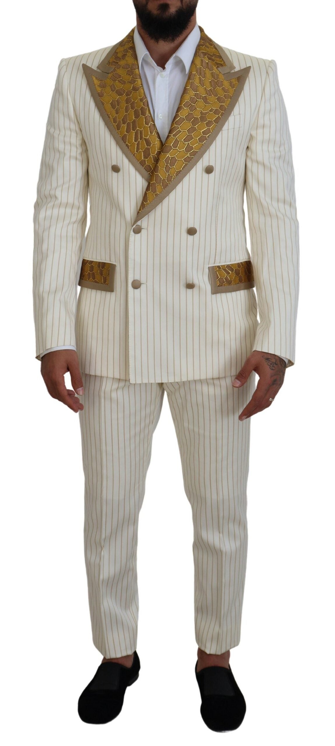 Dolce & Gabbana Off White Gold Striped Tuxedo Slim Fit Men's Suit