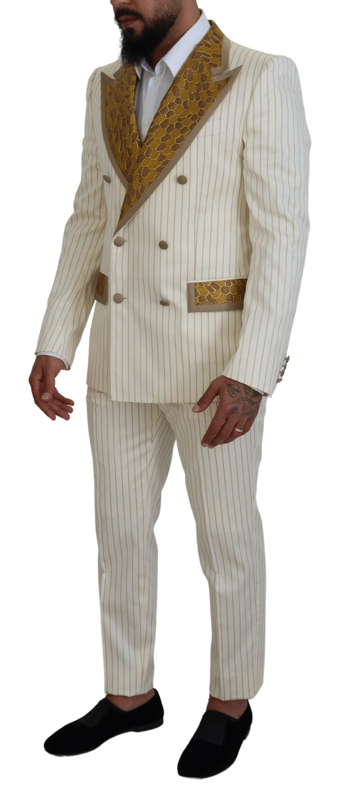 Dolce & Gabbana Off White Gold Striped Tuxedo Slim Fit Men's Suit