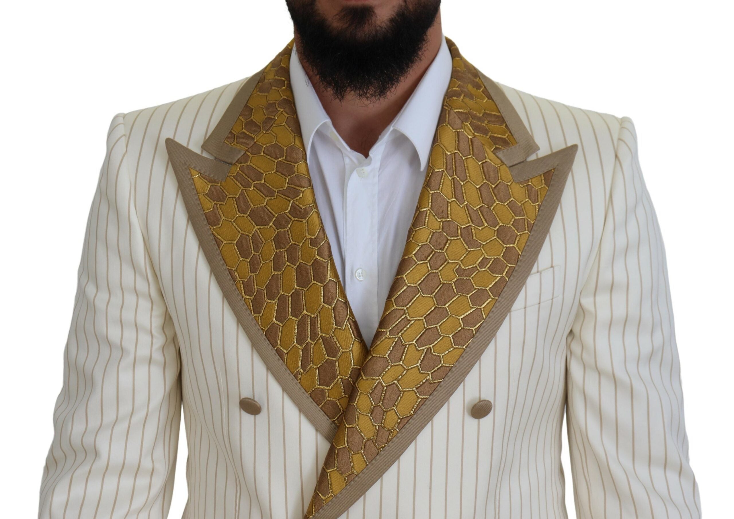 Dolce & Gabbana Off White Gold Striped Tuxedo Slim Fit Men's Suit