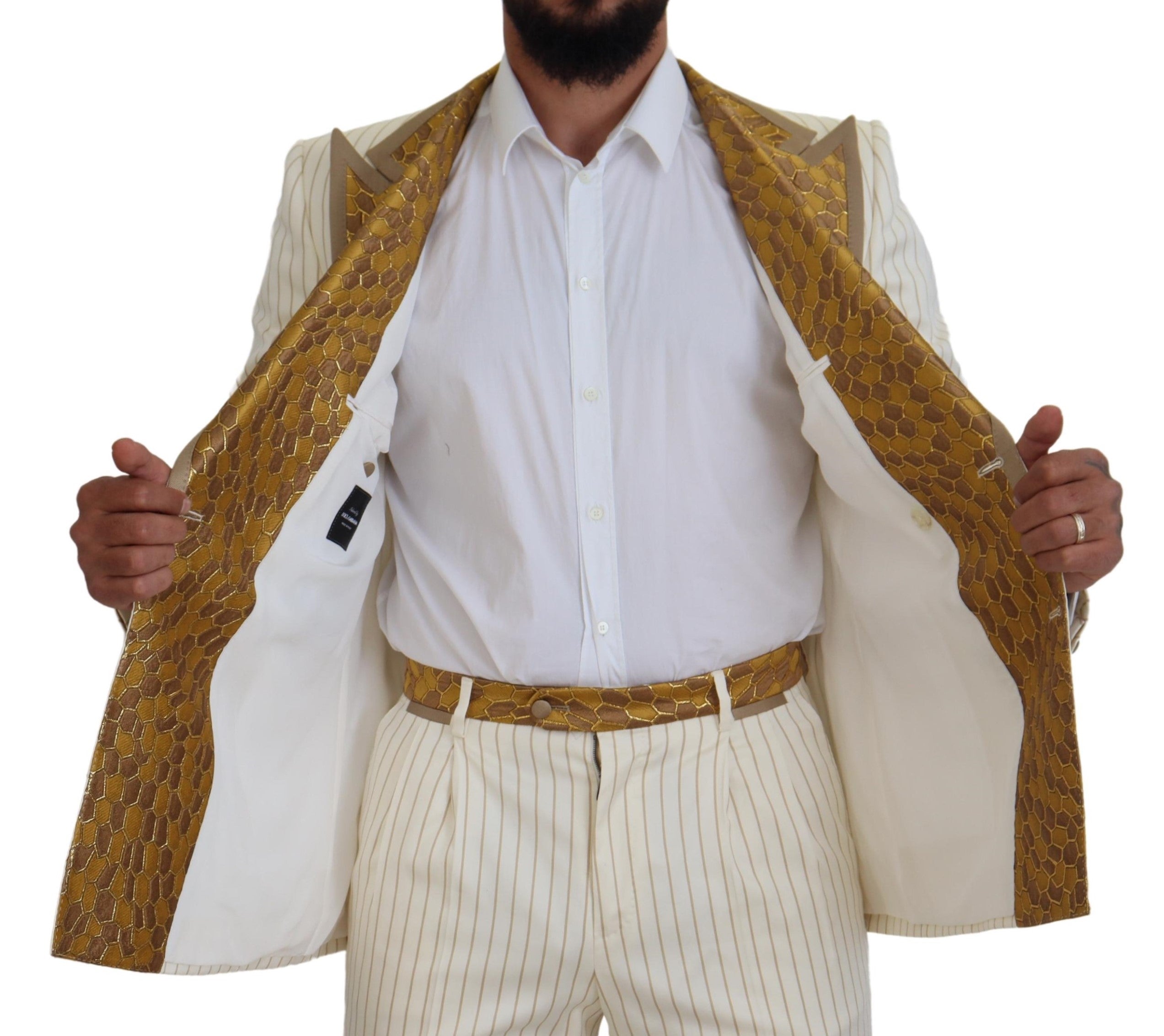 Dolce & Gabbana Off White Gold Striped Tuxedo Slim Fit Men's Suit