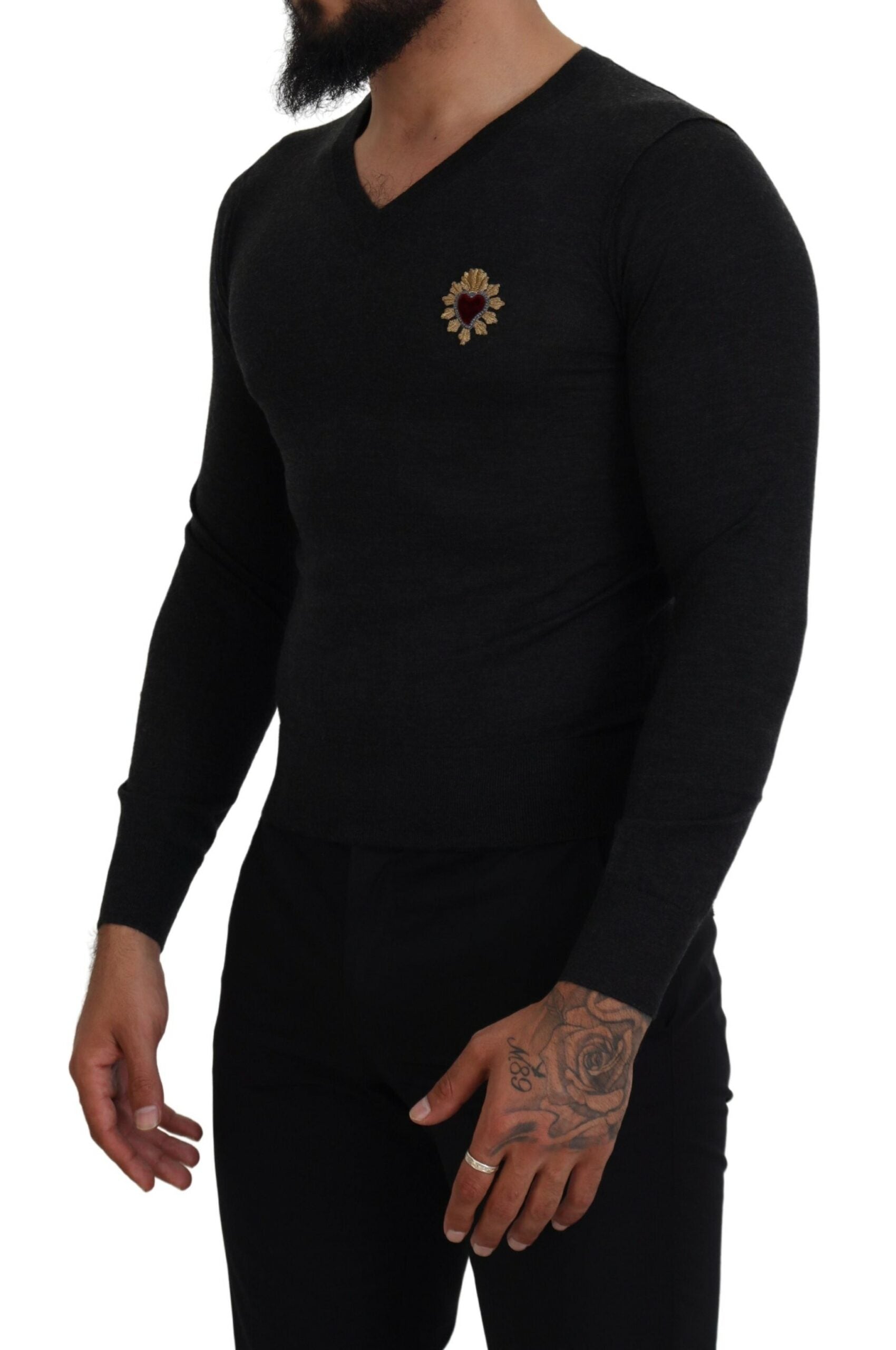 Dolce & Gabbana Gray Cashmere V-neck Gold Heart Men's Sweater